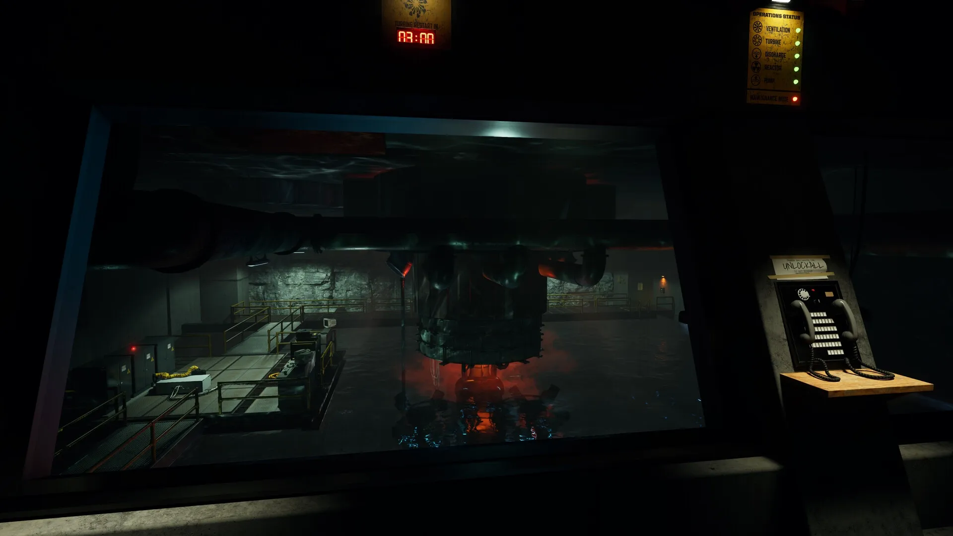 The Gold River Project: Control room overlooking reactor pool with red glow and operations status panel