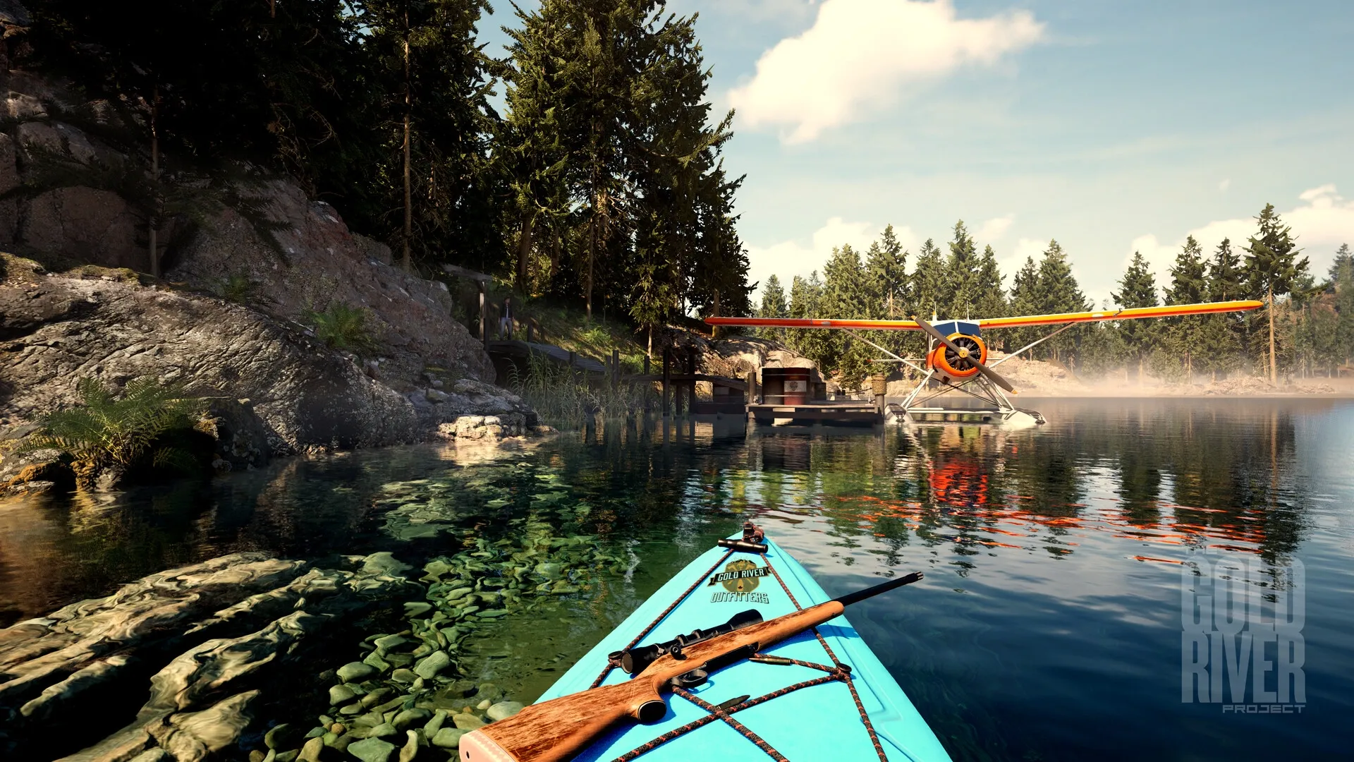 The Gold River Project: Kayak with rifle on lake near docked seaplane in forested wilderness setting