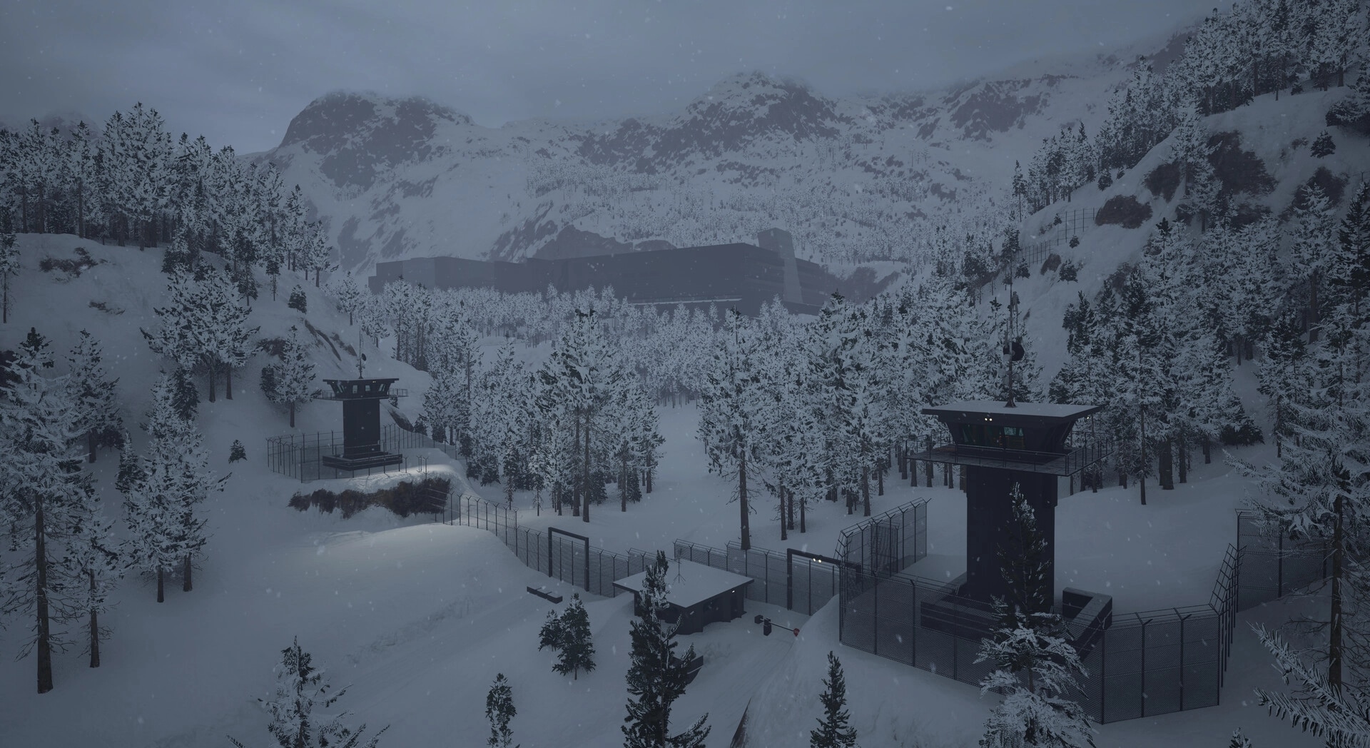 The Gold River Project: Snow-covered forest with watchtowers and fences in a mountainous winter landscape