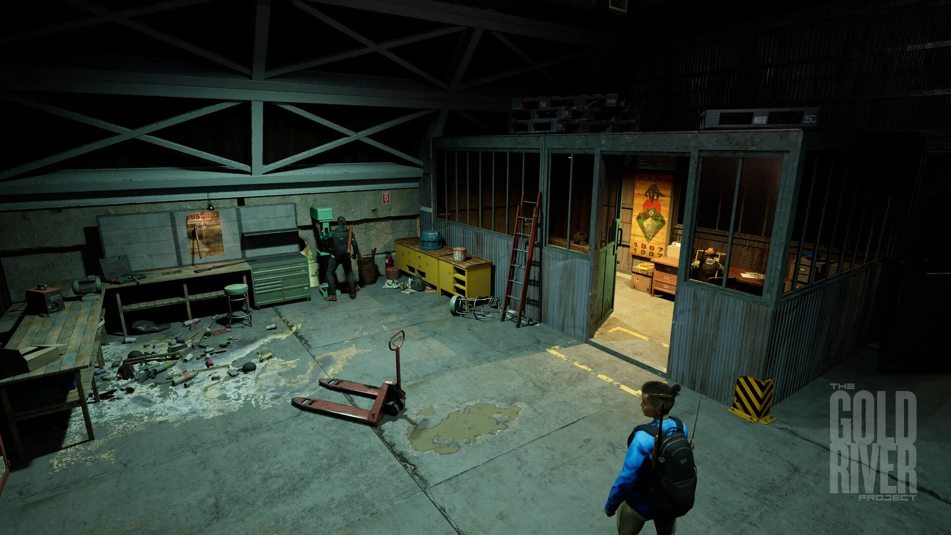 The Gold River Project: Character explores abandoned warehouse with scattered debris and missing poster.