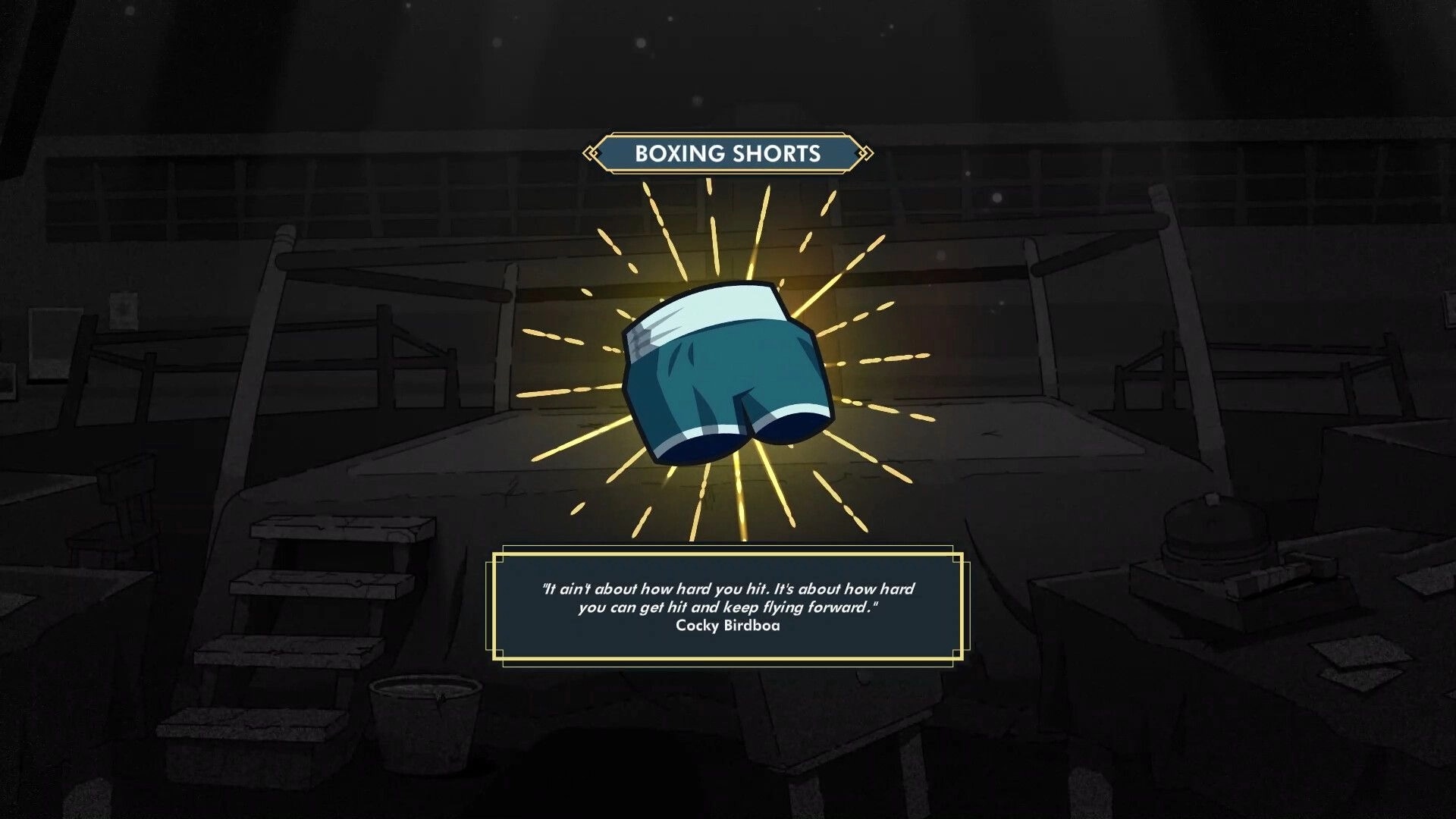 The Golden Caravan: Boxing shorts with glowing effect in a dimly lit boxing ring environment