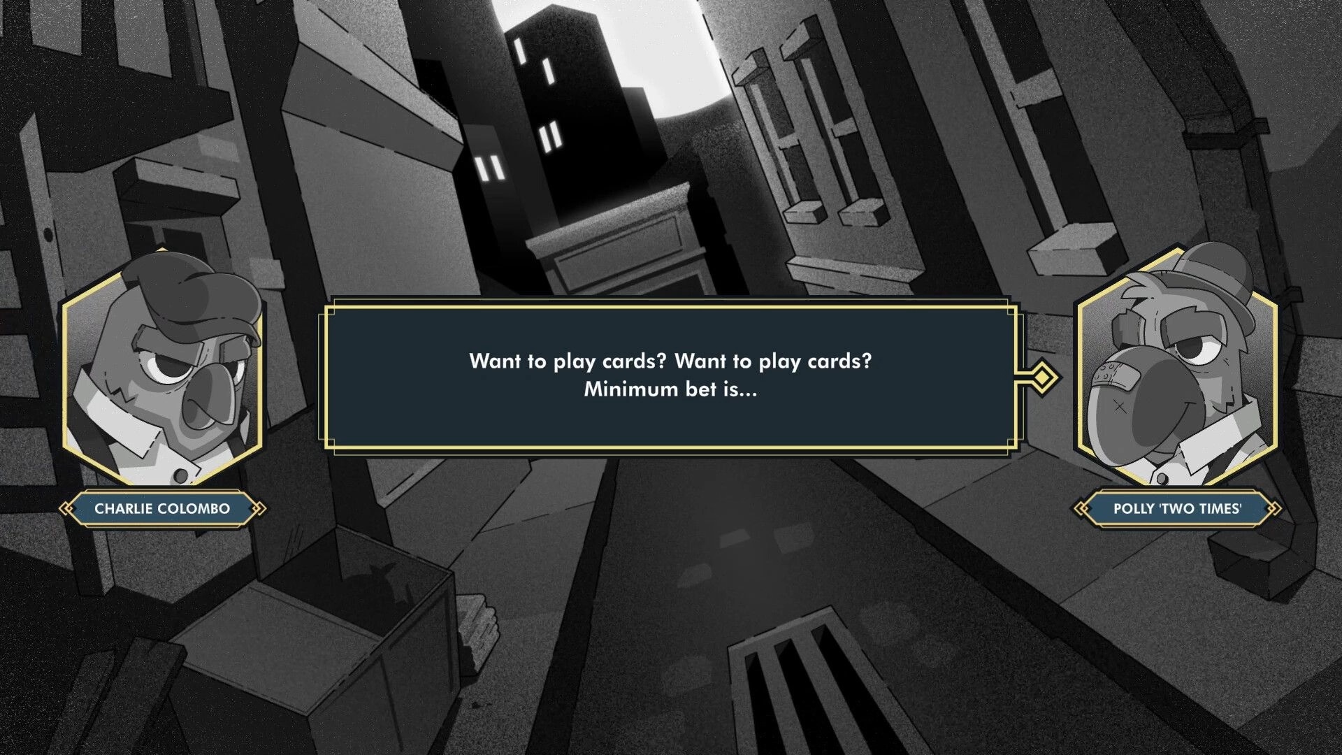 The Golden Caravan: Dialogue between Charlie Colombo and Polly in a noir alley setting.