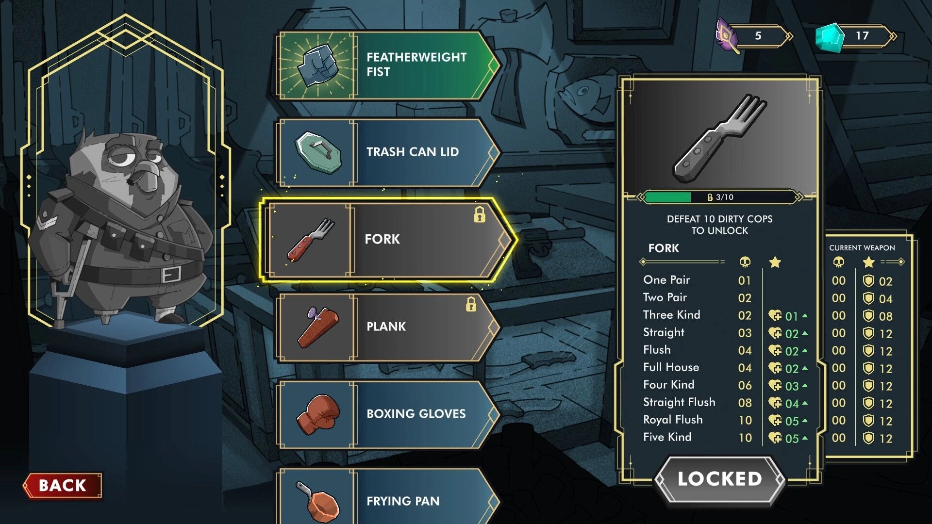 The Golden Caravan: Inventory screen showcasing weapons like fork, plank, and current item stats.