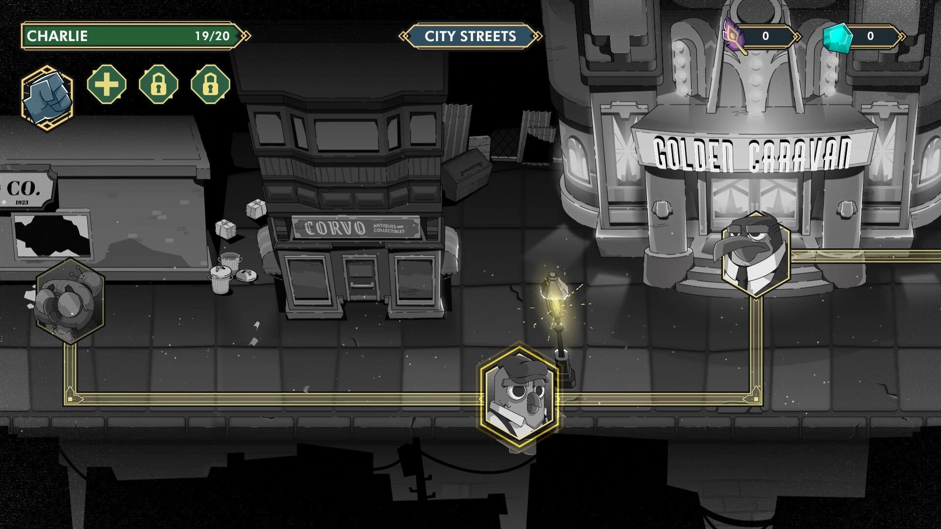 The Golden Caravan: Character "Charlie" navigating city streets towards the Golden Caravan casino entrance.