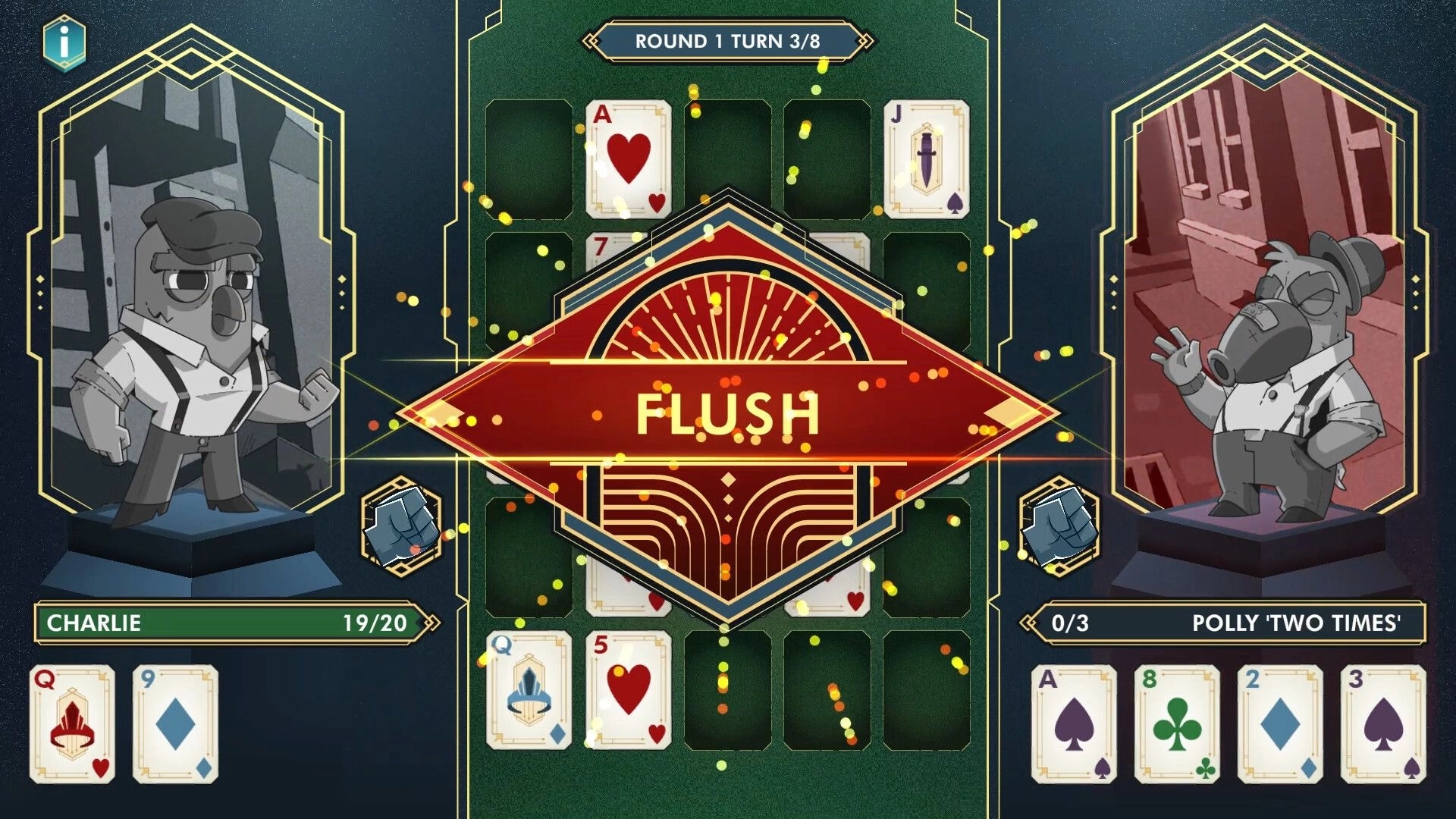 The Golden Caravan: Charlie's flush wins against Polly in a poker battle at the casino table.