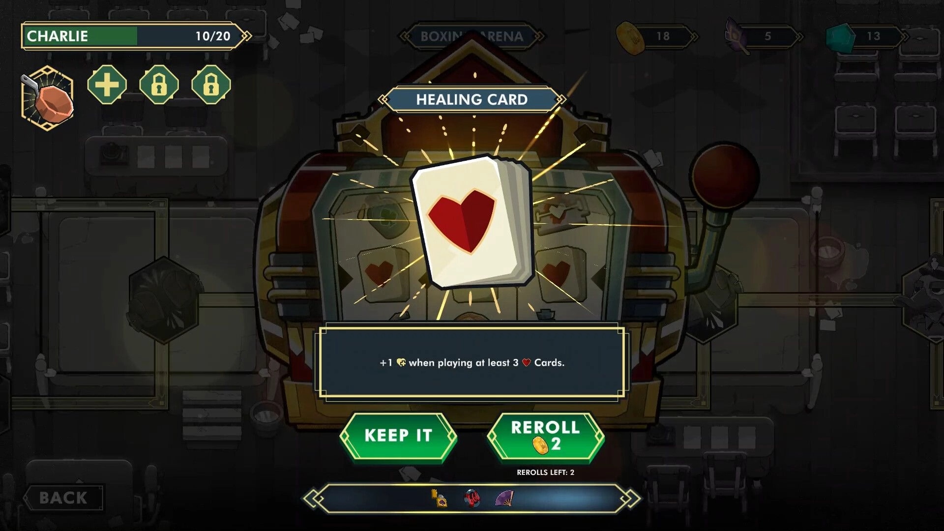 The Golden Caravan: Healing card selection in casino with options to keep or reroll displayed prominently