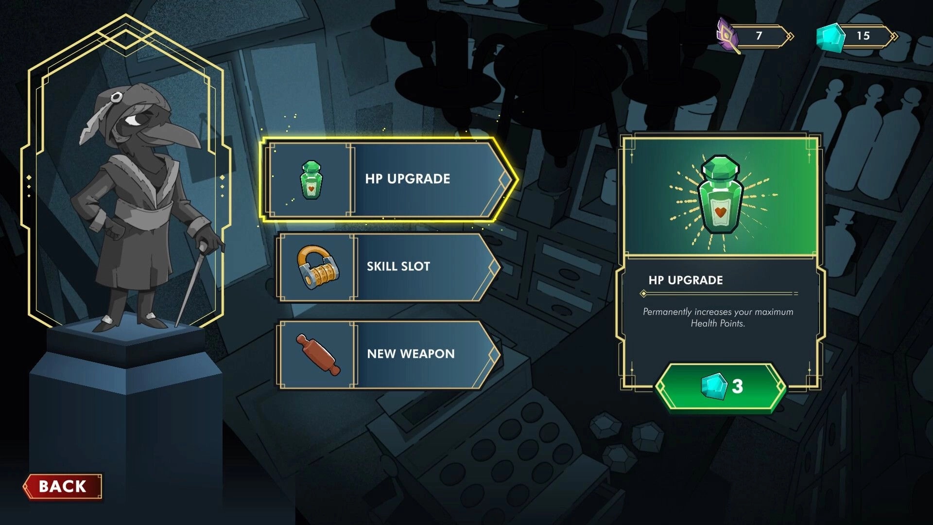 The Golden Caravan: Character upgrade menu with options for HP, skill slot, and new weapon in casino.