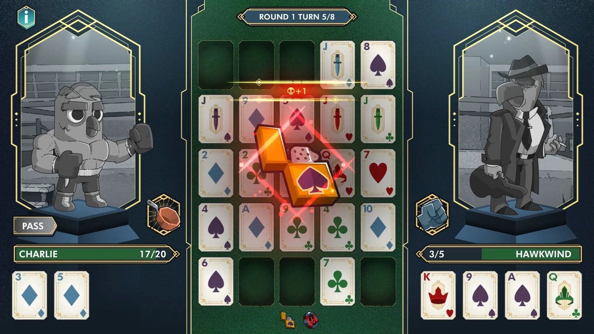 The Golden Caravan: Poker battle between Charlie and Hustler with card grid in casino setting