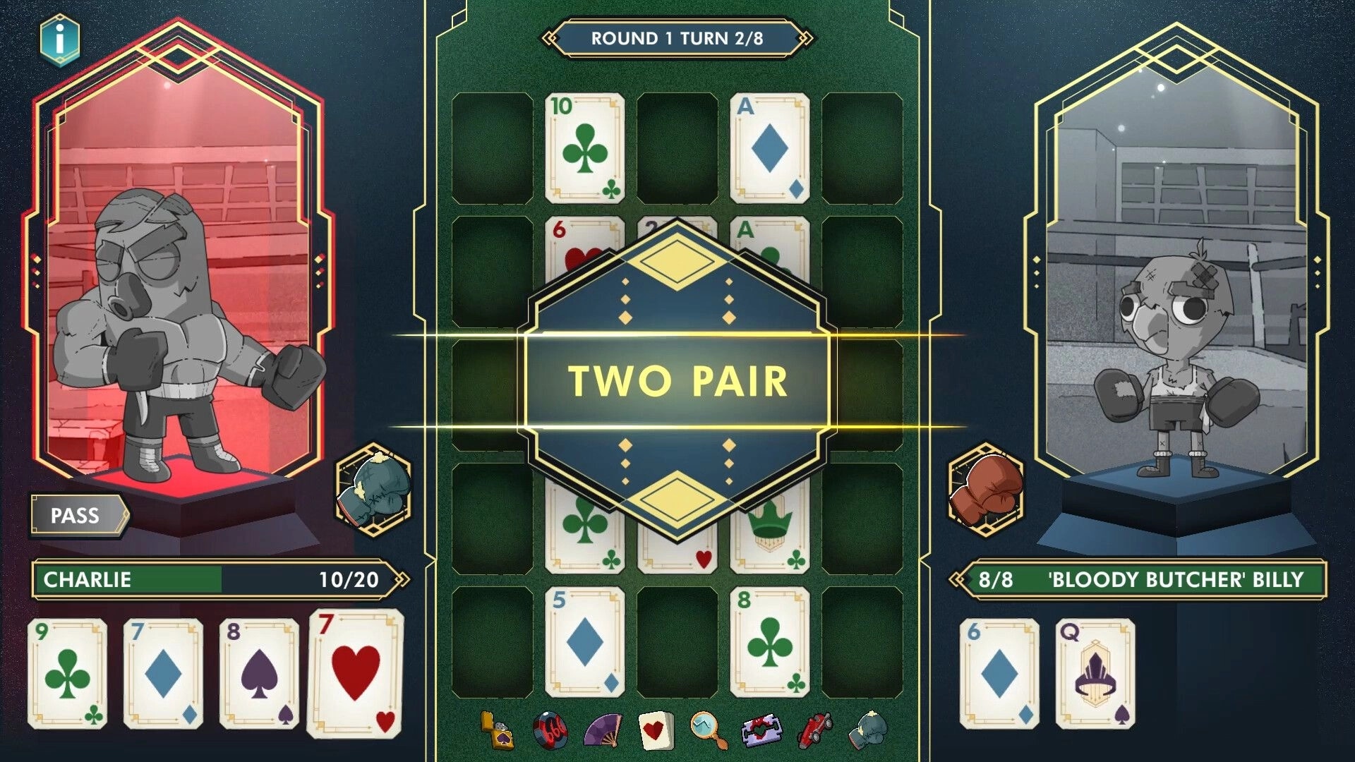 The Golden Caravan: Charlie faces Bloody Butcher Billy in poker battle with two pair hand in casino arena.