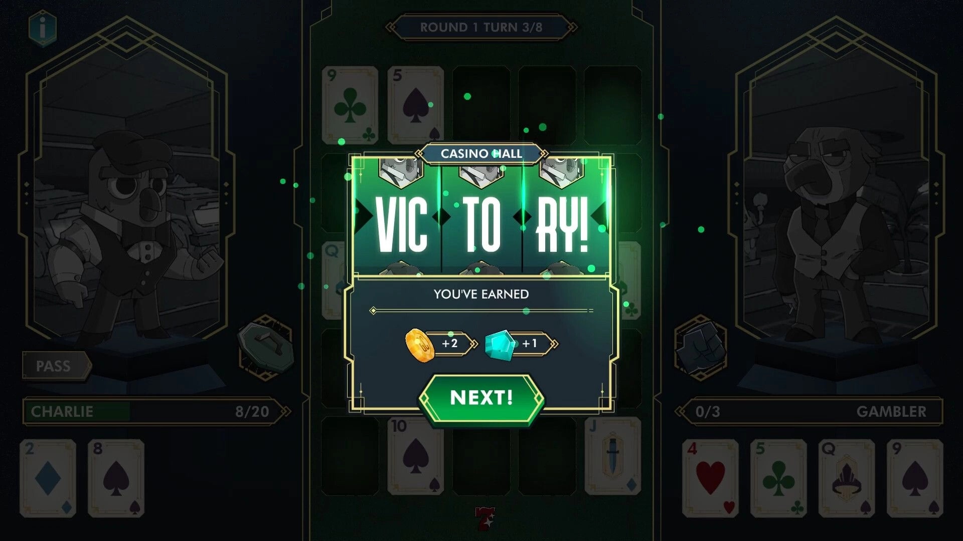 The Golden Caravan: Victory screen with earned rewards in a poker battle at the casino hall.
