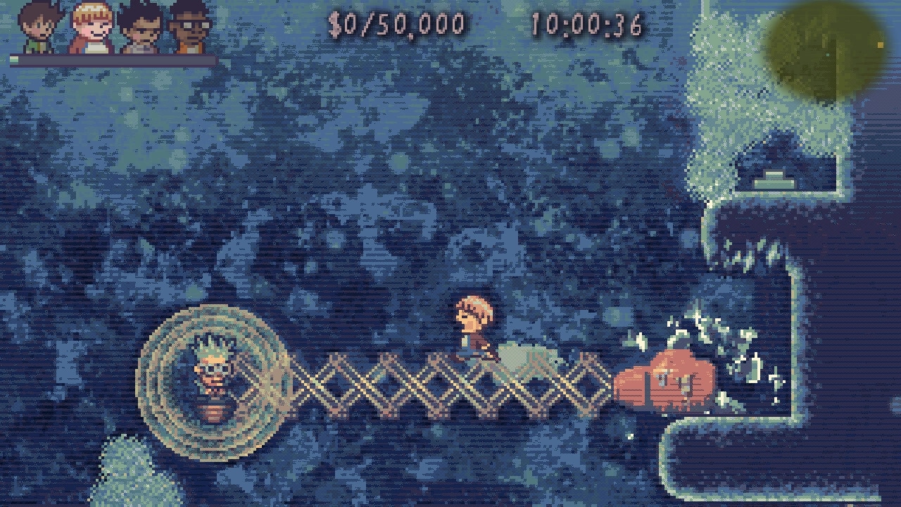 THE GOOD OLD DAYS: Sean rescues a friend trapped in a cage on a wooden bridge in a pixelated cave environment.
