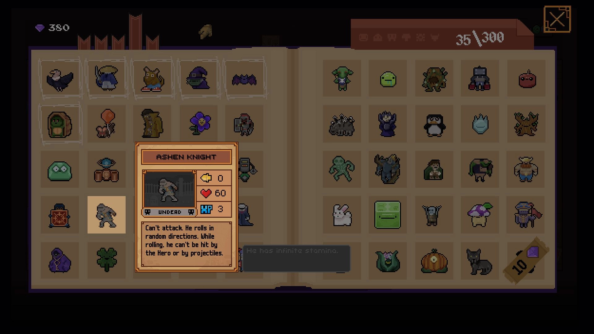 The Good Overlord: Character inventory screen featuring Ashen Knight stats and abilities in a dungeon setting.