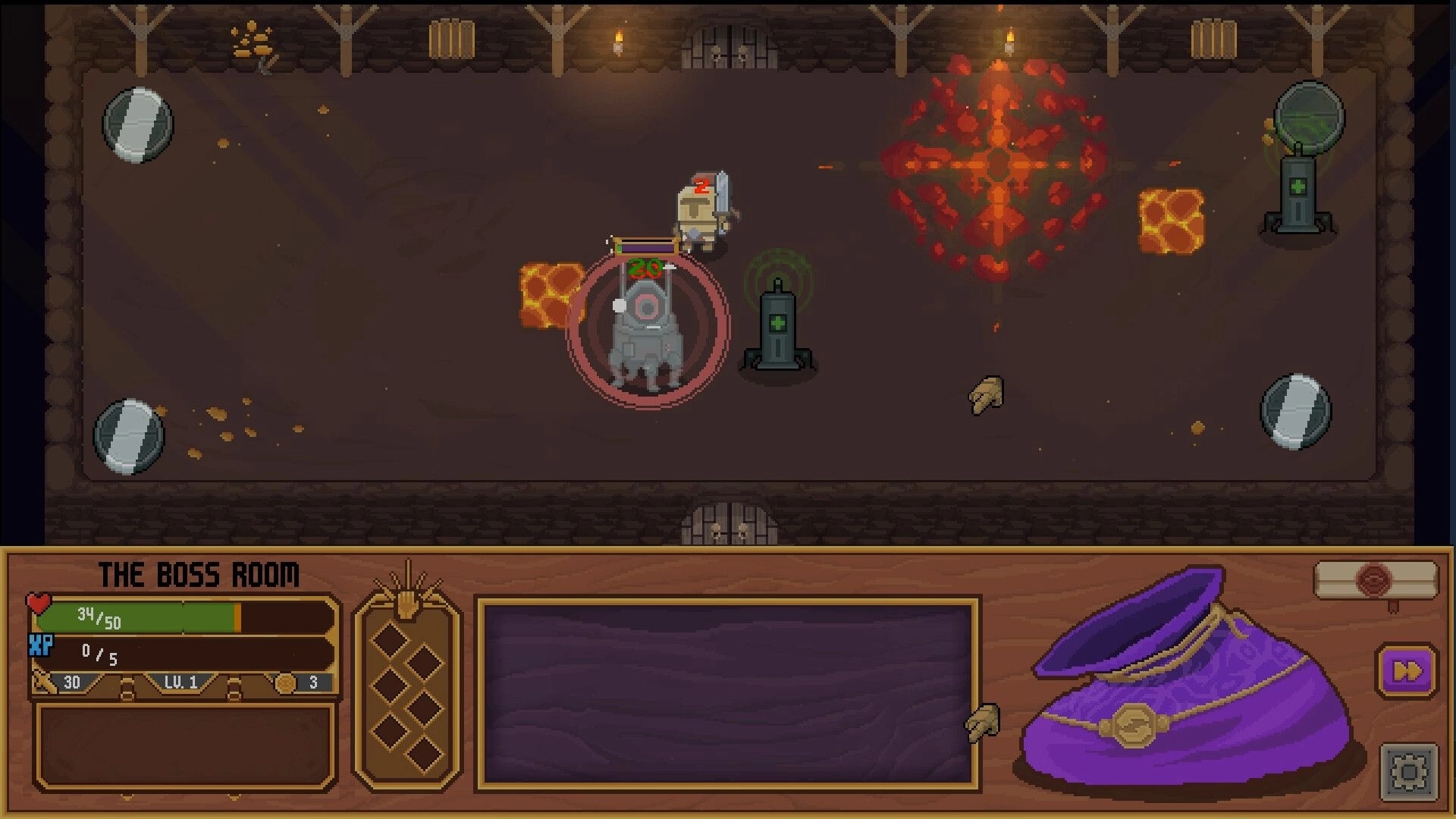 The Good Overlord: Combat in boss room with enemy, health bar, and spell effects in dungeon setting