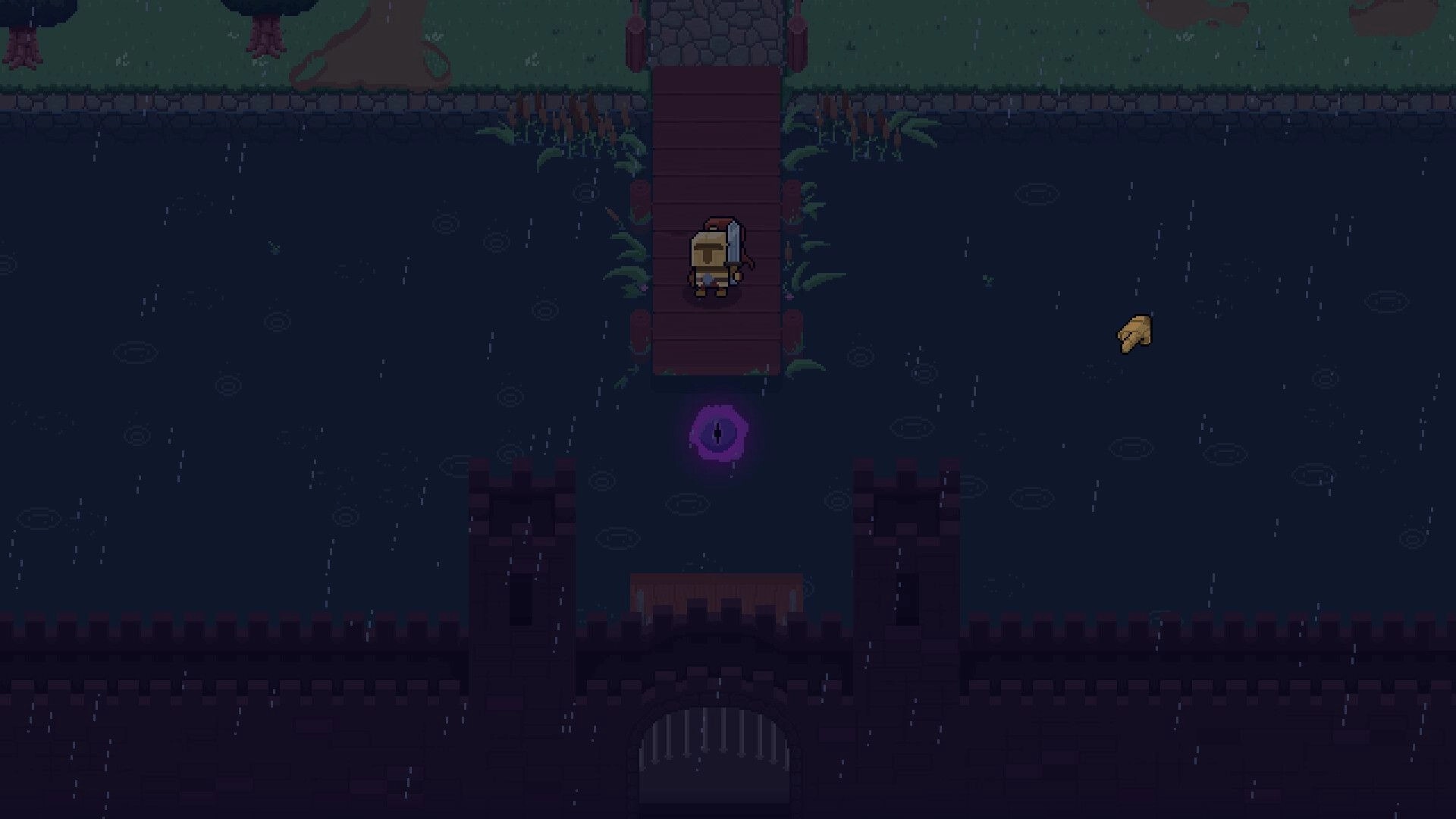 The Good Overlord: Hero stands on bridge above moat, facing castle gate with swirling purple portal below.