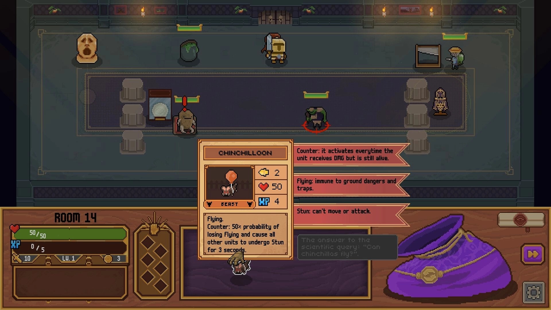 The Good Overlord: Character stat card of Chinchilloon with room layout and health bar displayed