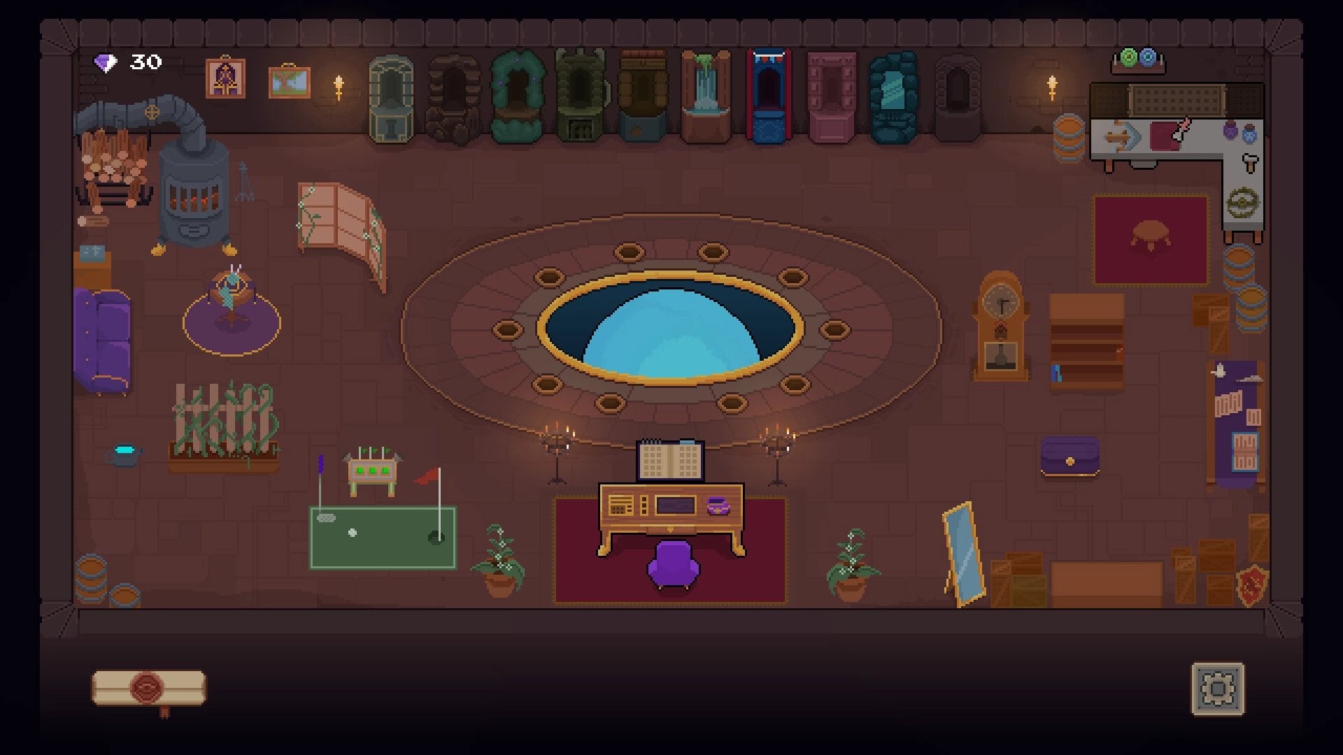 The Good Overlord: Overlord's study room with portal, desk, and various decorative items in dungeon setting