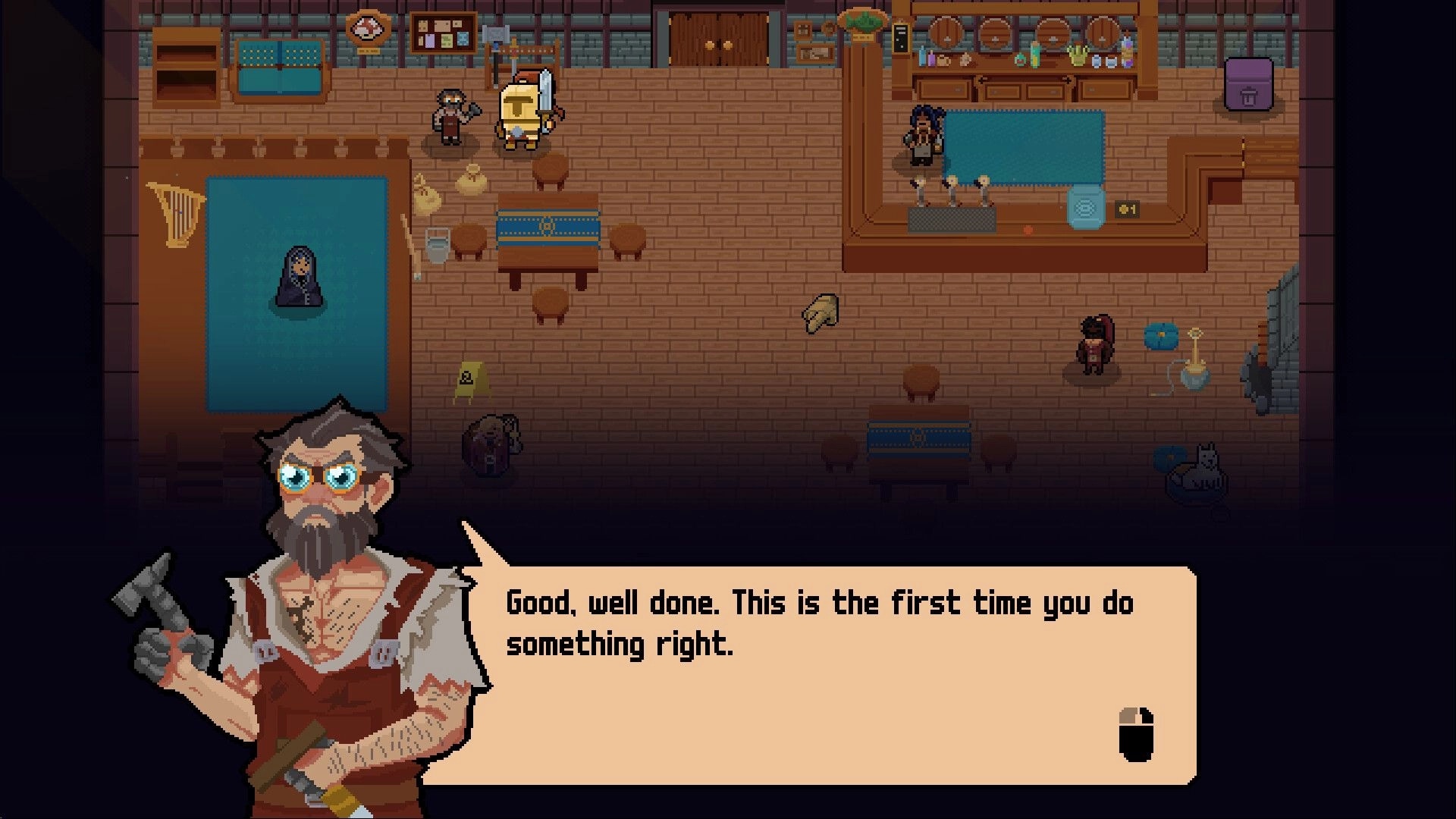 The Good Overlord: Bearded character dialogue in medieval tavern with various NPCs and furniture visible