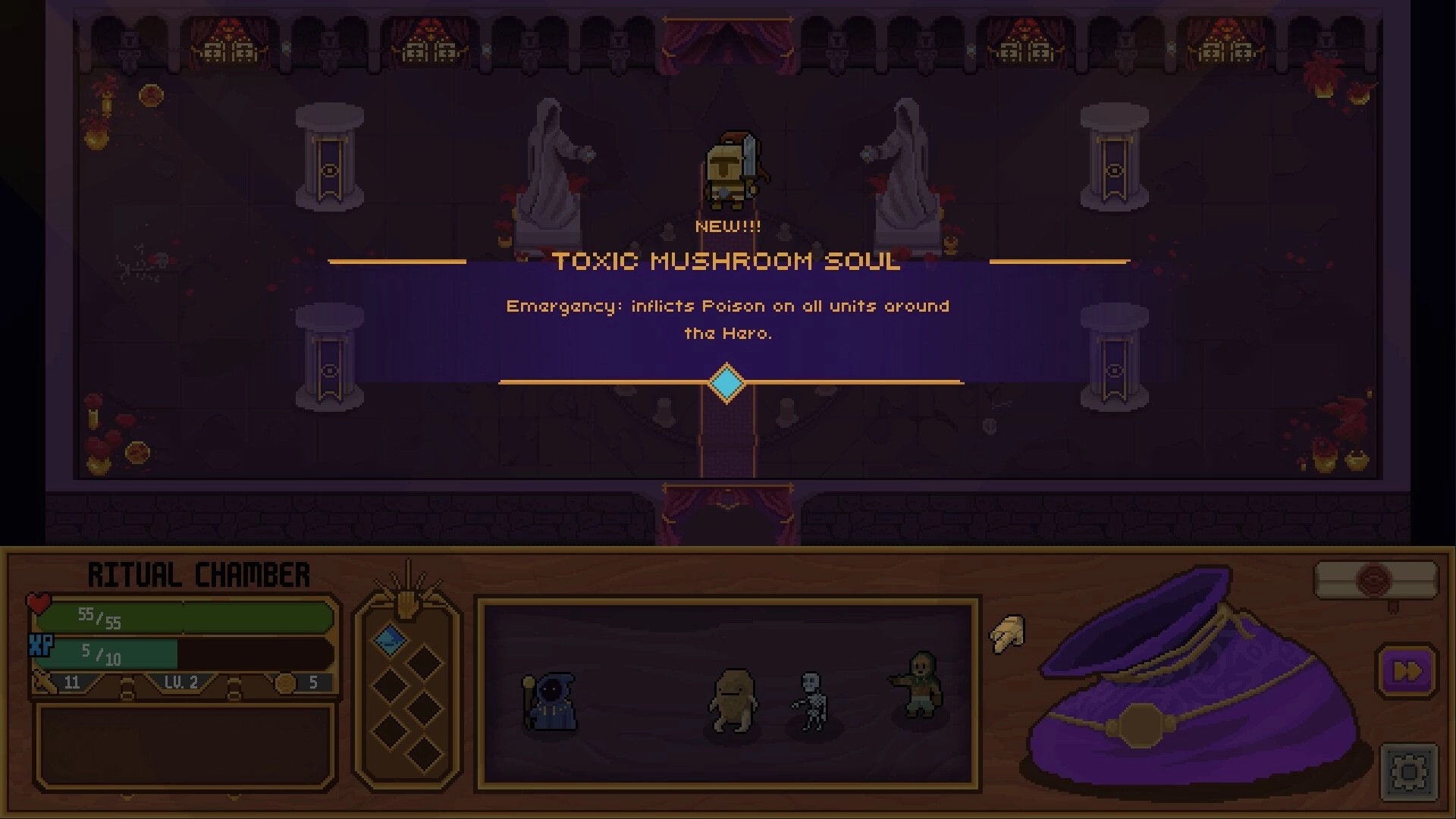 The Good Overlord: Hero gains Toxic Mushroom Soul ability in dark ritual chamber with statues and pillars.