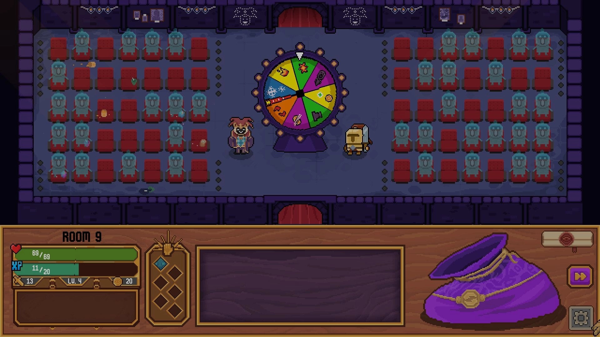 The Good Overlord: Dungeon room with colorful spinning wheel and two characters surrounded by statues.