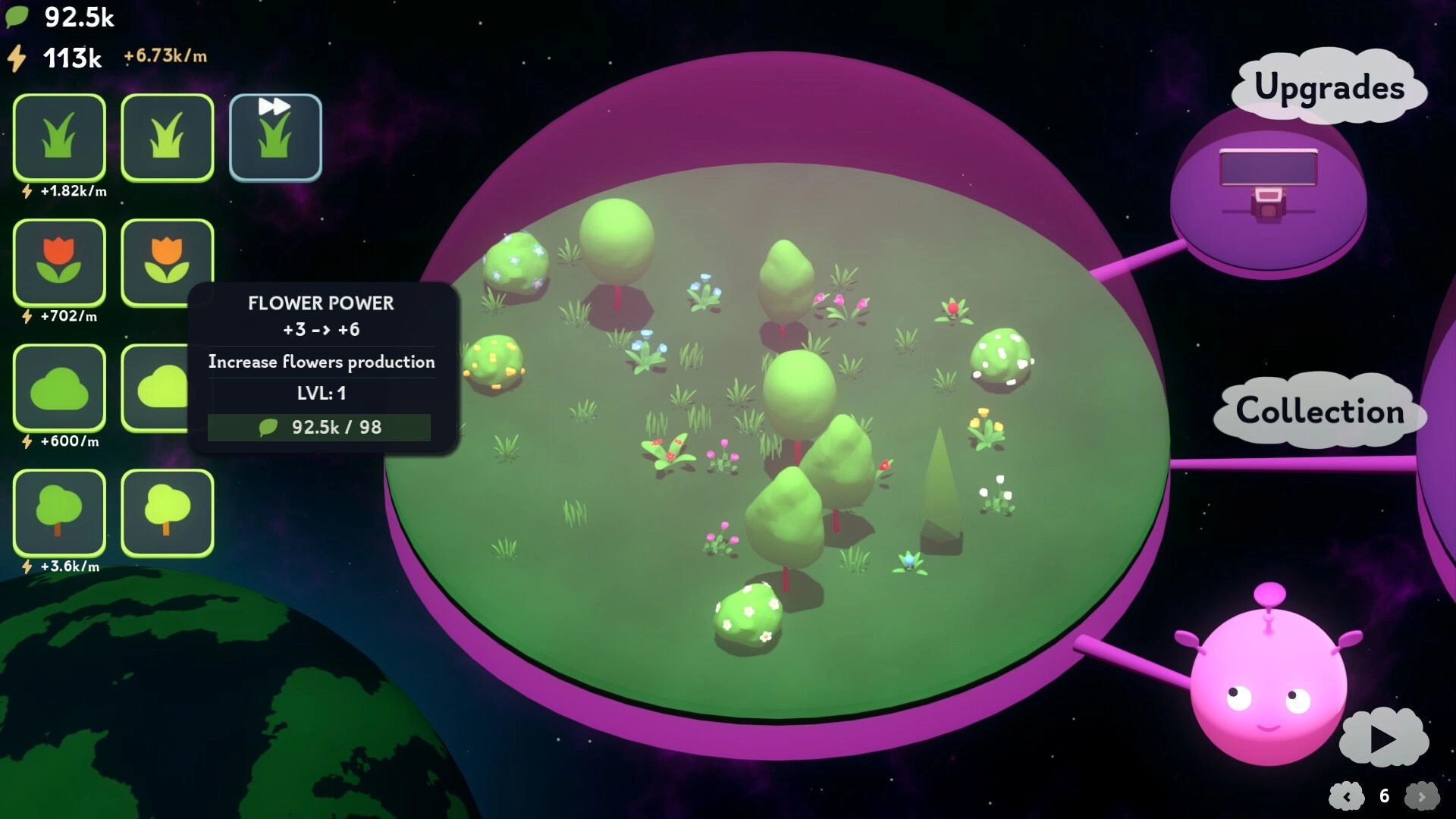 The Greenening: Planetary garden view with upgrade menu and flower production stats on screen