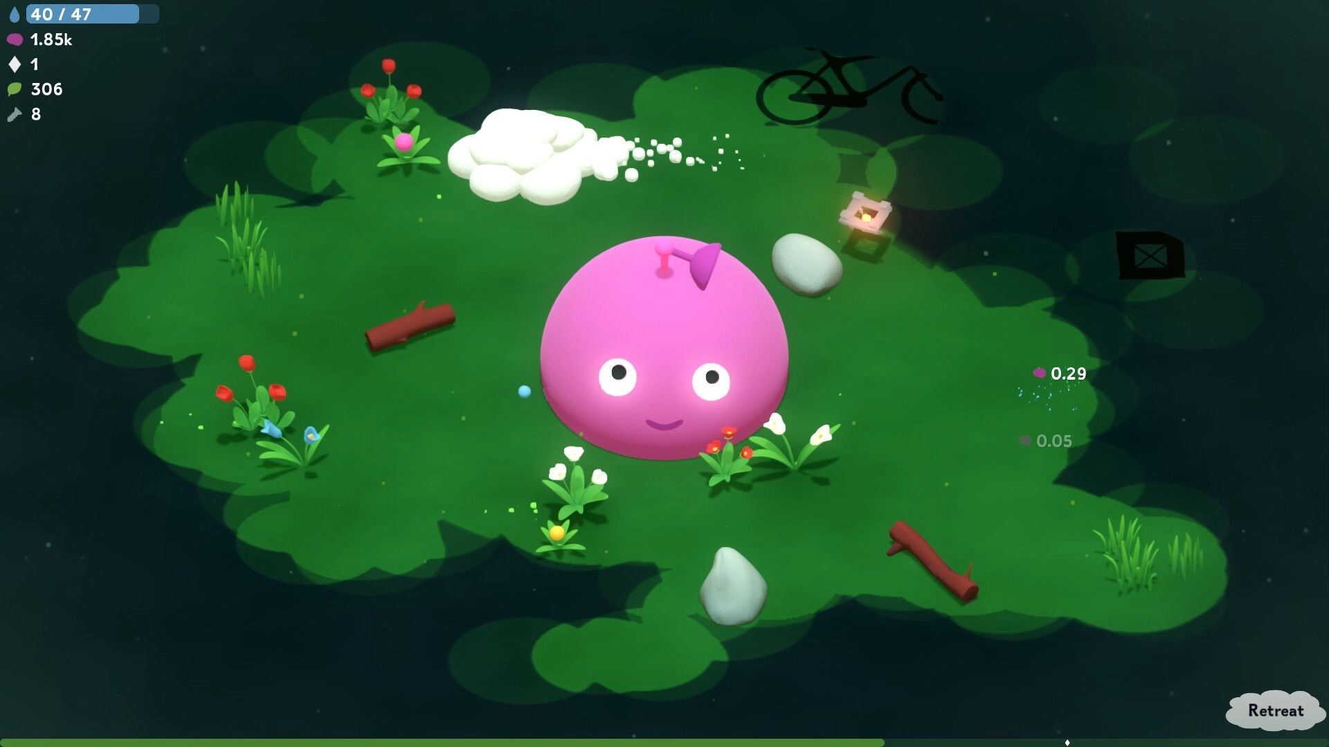 The Greenening: Pink blob character on grassy island with flowers and floating cloud in dark space