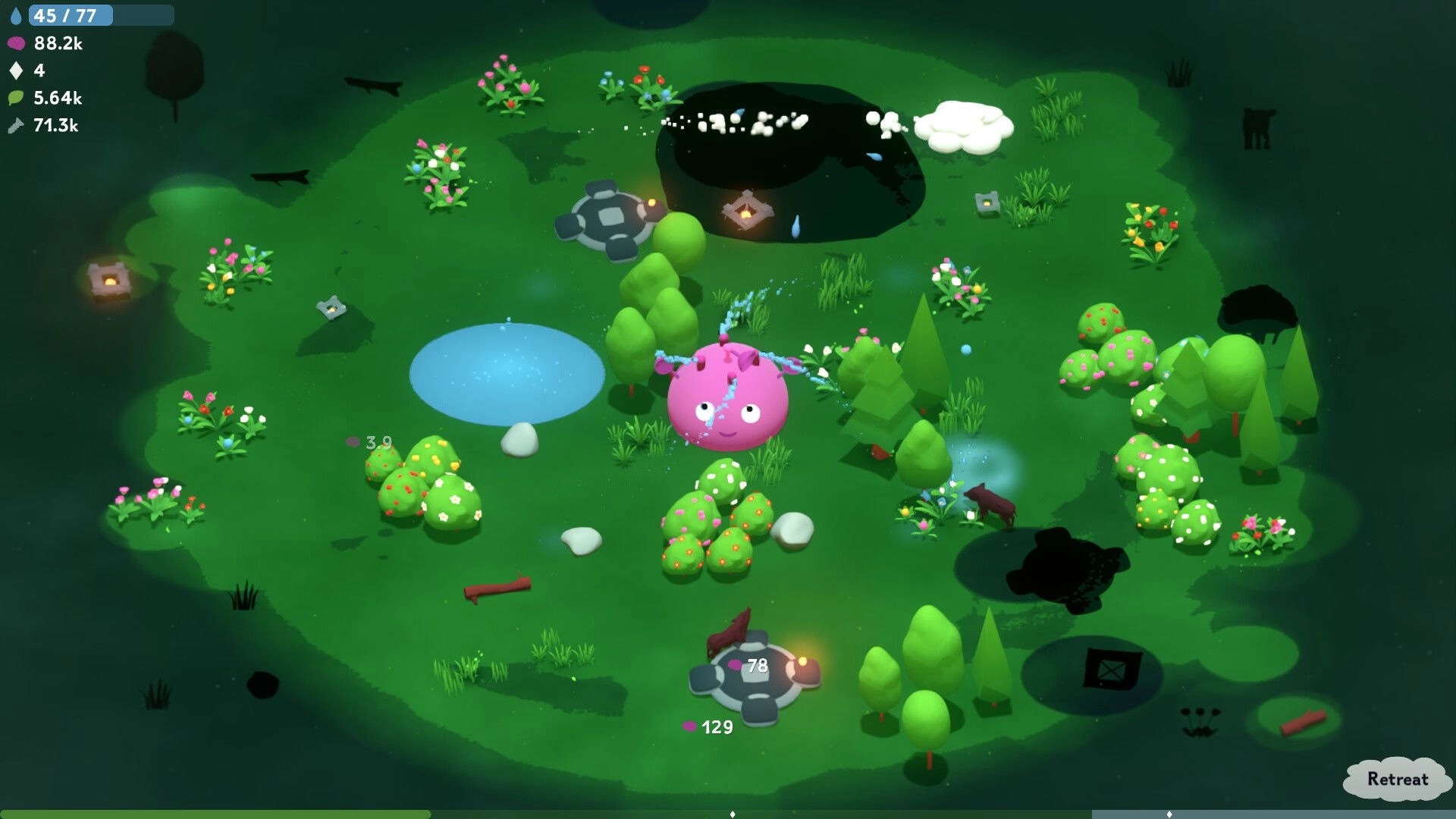 The Greenening: Pink creature watering plants in a lush green garden with flowers and small ponds.