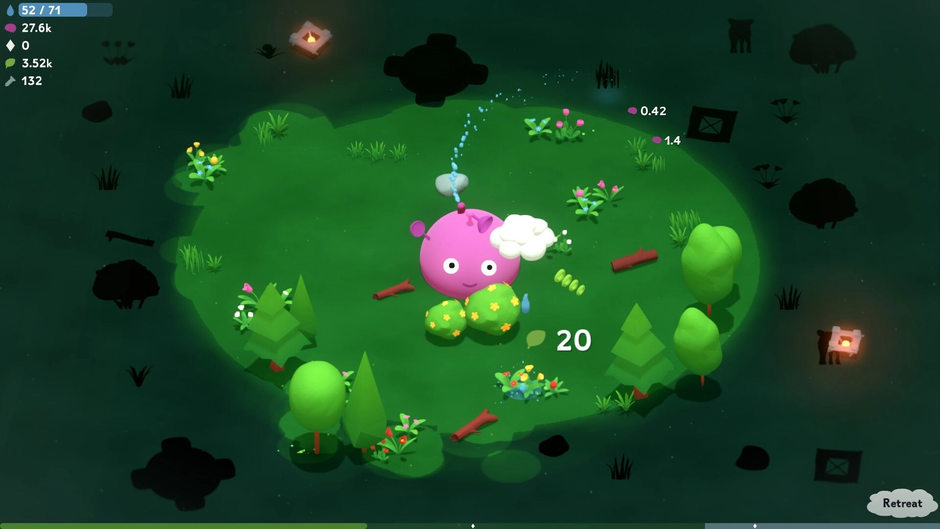 The Greenening: Watering a large pink creature in a lush clearing with resource icons displayed