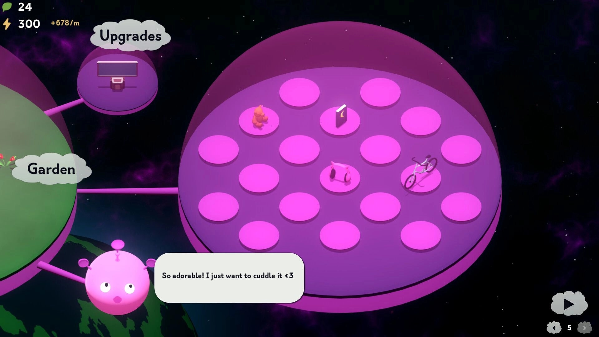 The Greenening: Character dialogue and upgrade menu in a whimsical space garden environment.