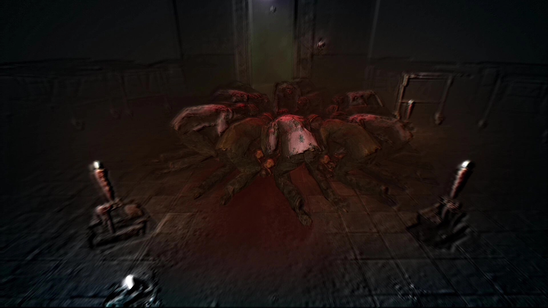 The Grotto Diary: First-person view of bloodied bodies piled in a dim room lit by candles near a door.