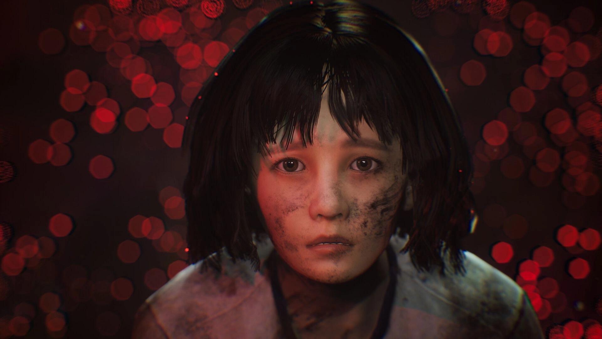 The Grotto Diary: Close-up of a dirt-smeared girl staring ahead amid red bokeh lights in darkness.