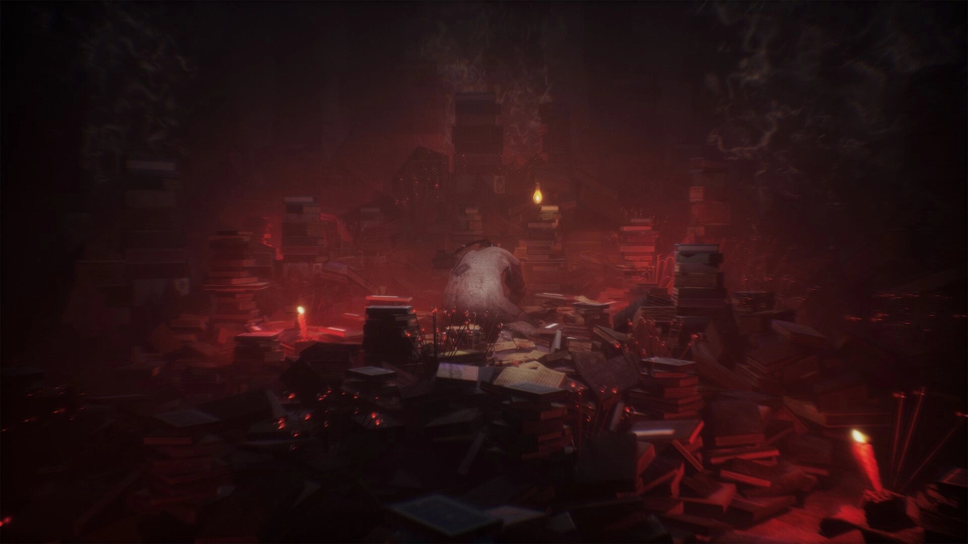 The Grotto Diary: Figure slumped amid towering book piles in a red, smoky cavern lit by candles.