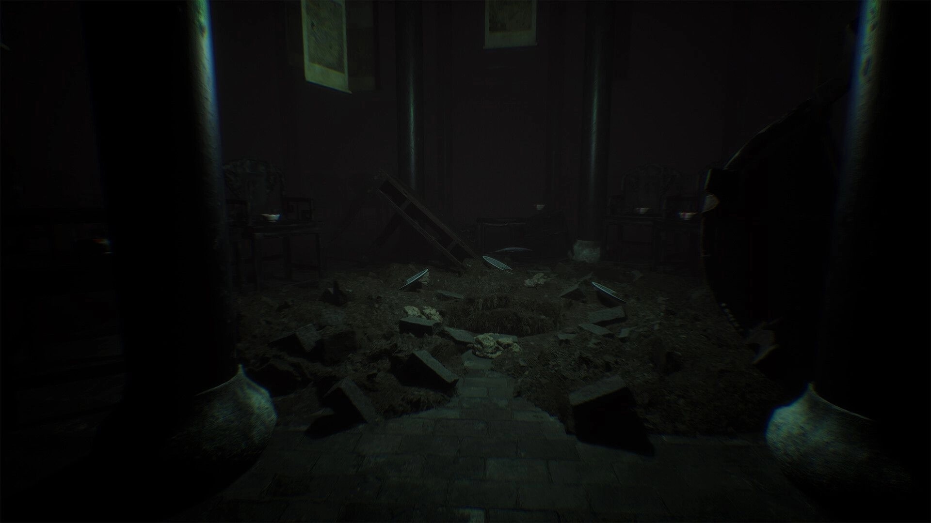The Grotto Diary: First-person view down stone steps into a dark, ruined hall strewn with debris.