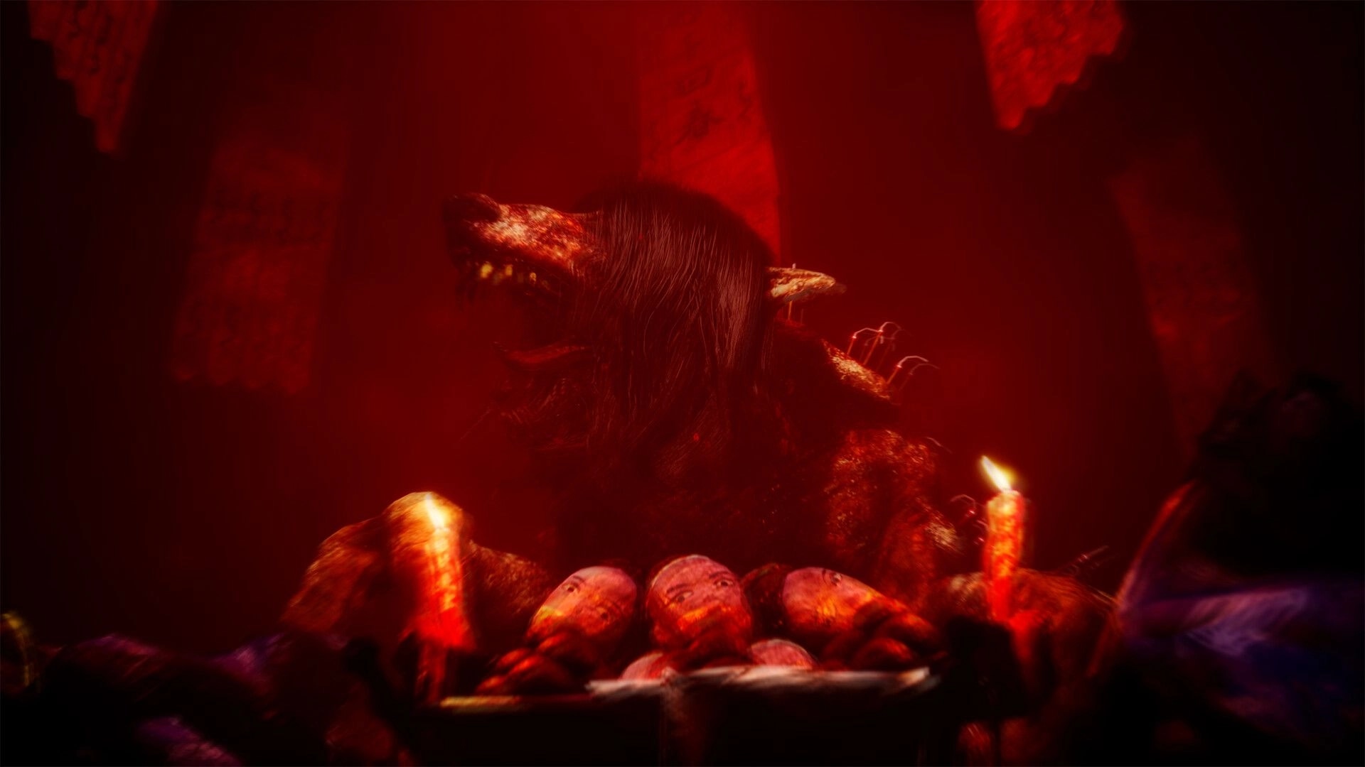 The Grotto Diary: Horned shadowy figure looming over severed heads by candles in a red-lit cave.