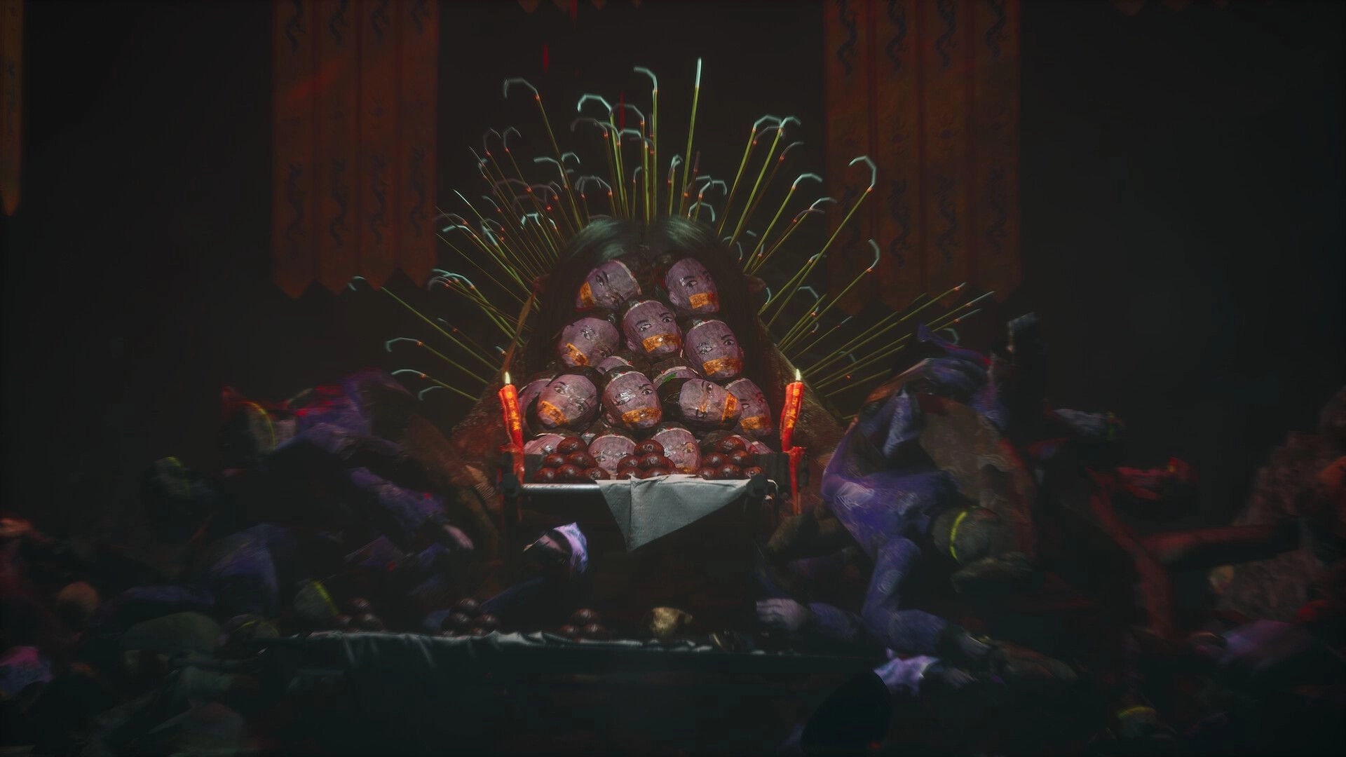 The Grotto Diary: Shrine altar piled with doll heads and incense sticks in a dark ritual chamber.
