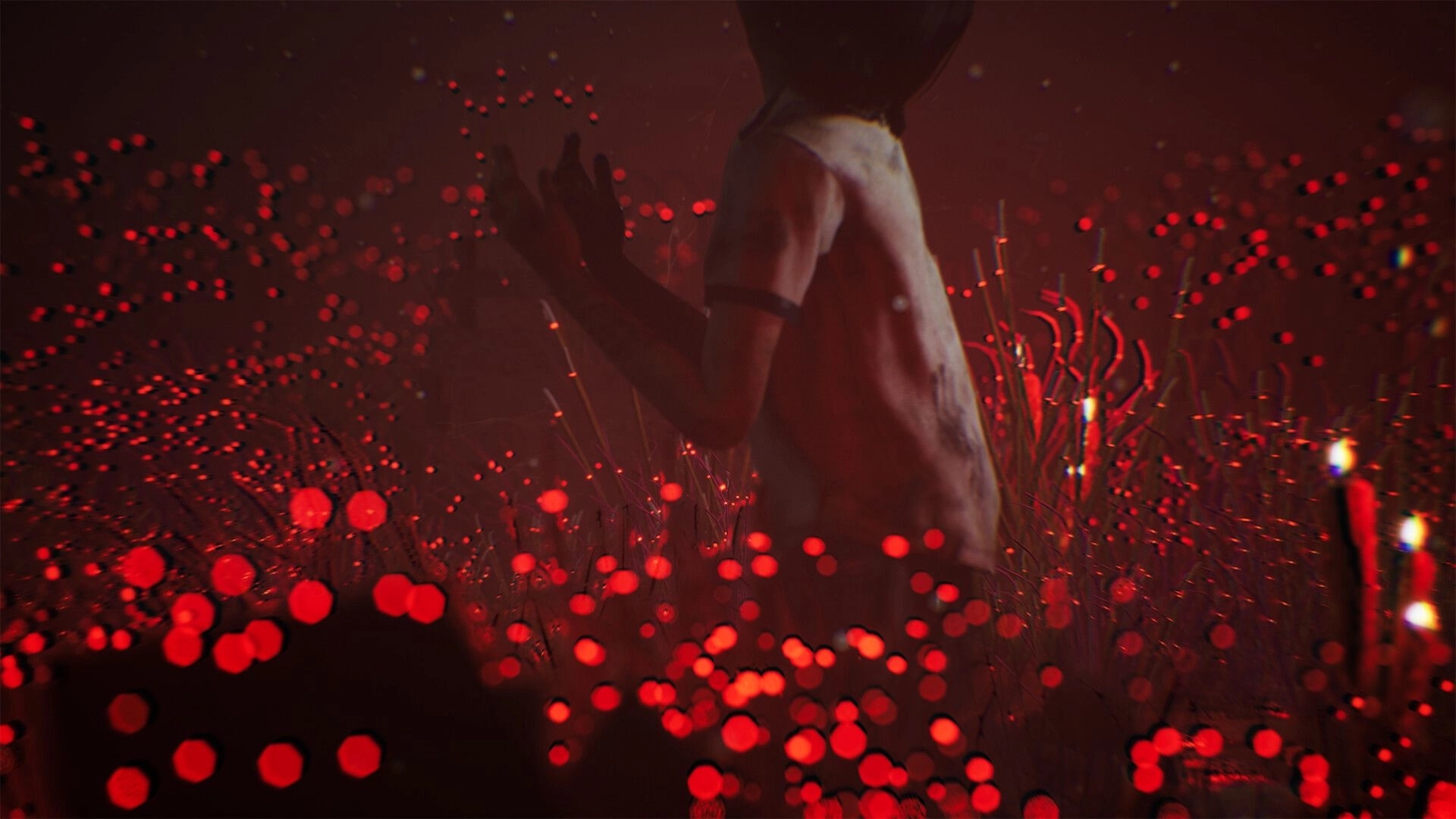 The Grotto Diary: Girl in white dress stands in tall grass amid glowing red embers and heavy fog.