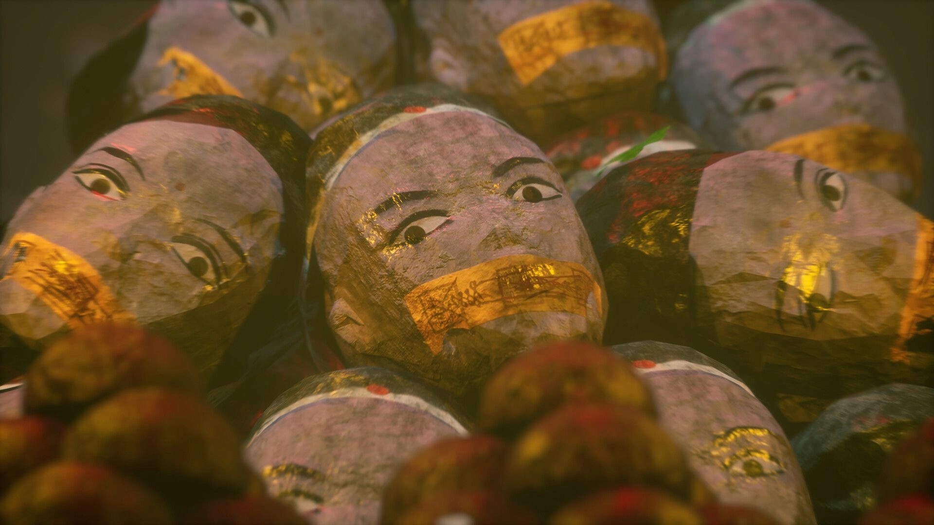 The Grotto Diary: Close-up of piled opera-style heads with yellow talismans in dim, hazy light.