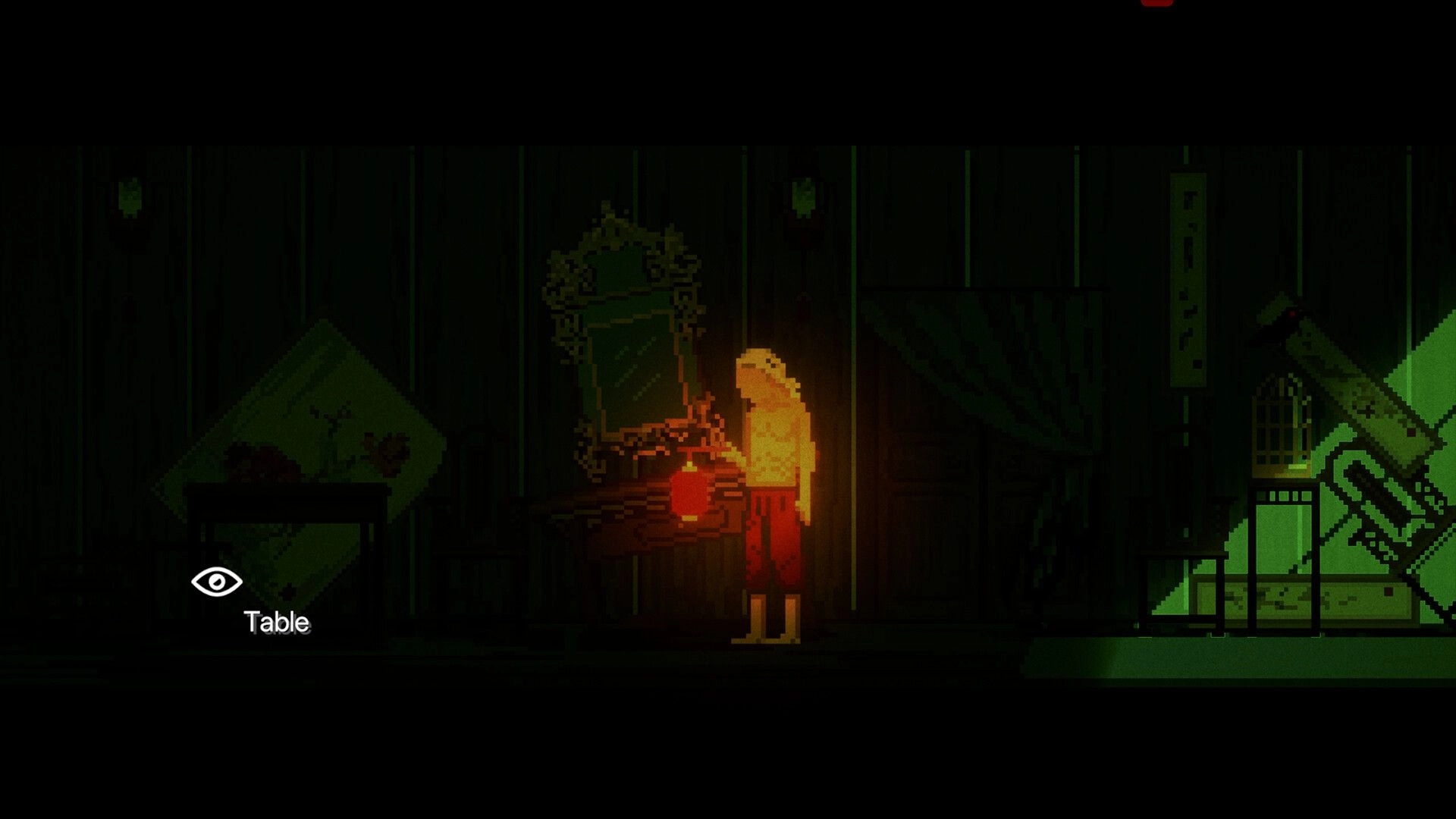 THE GUTTER: Blond character examines a table by a mirror, eye icon labeled Table in dark room.
