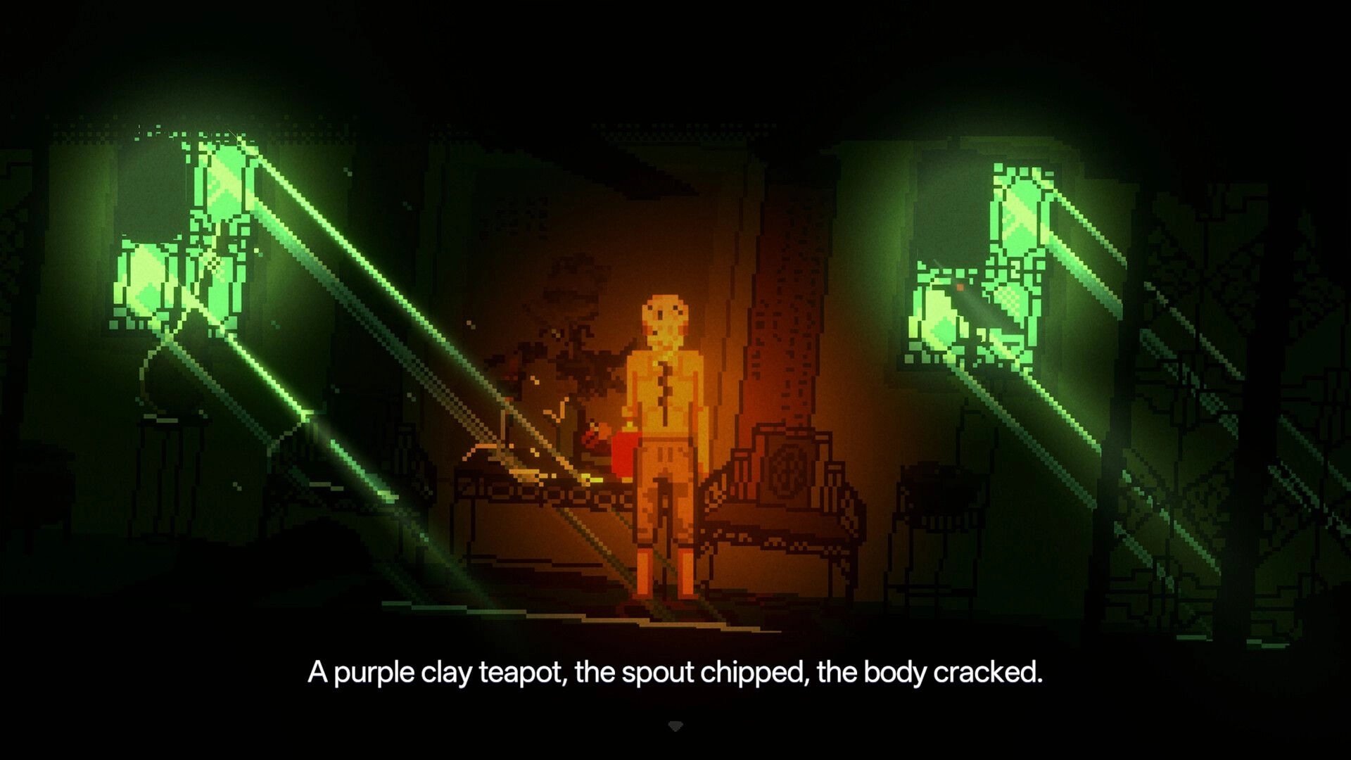 THE GUTTER: Character stands by a bed as text describes a cracked teapot in a dim green-lit room.
