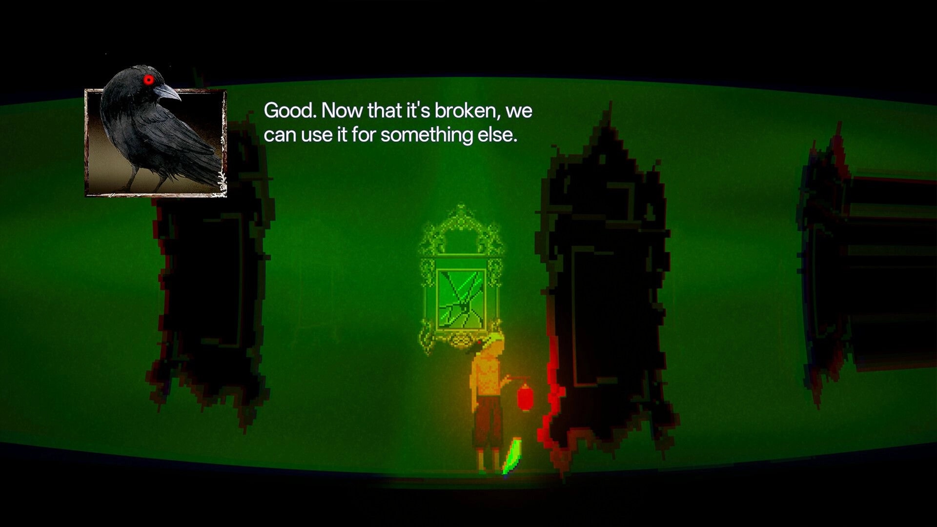 THE GUTTER: Pixel character by cracked mirror with crow dialogue box in a green, dark corridor.