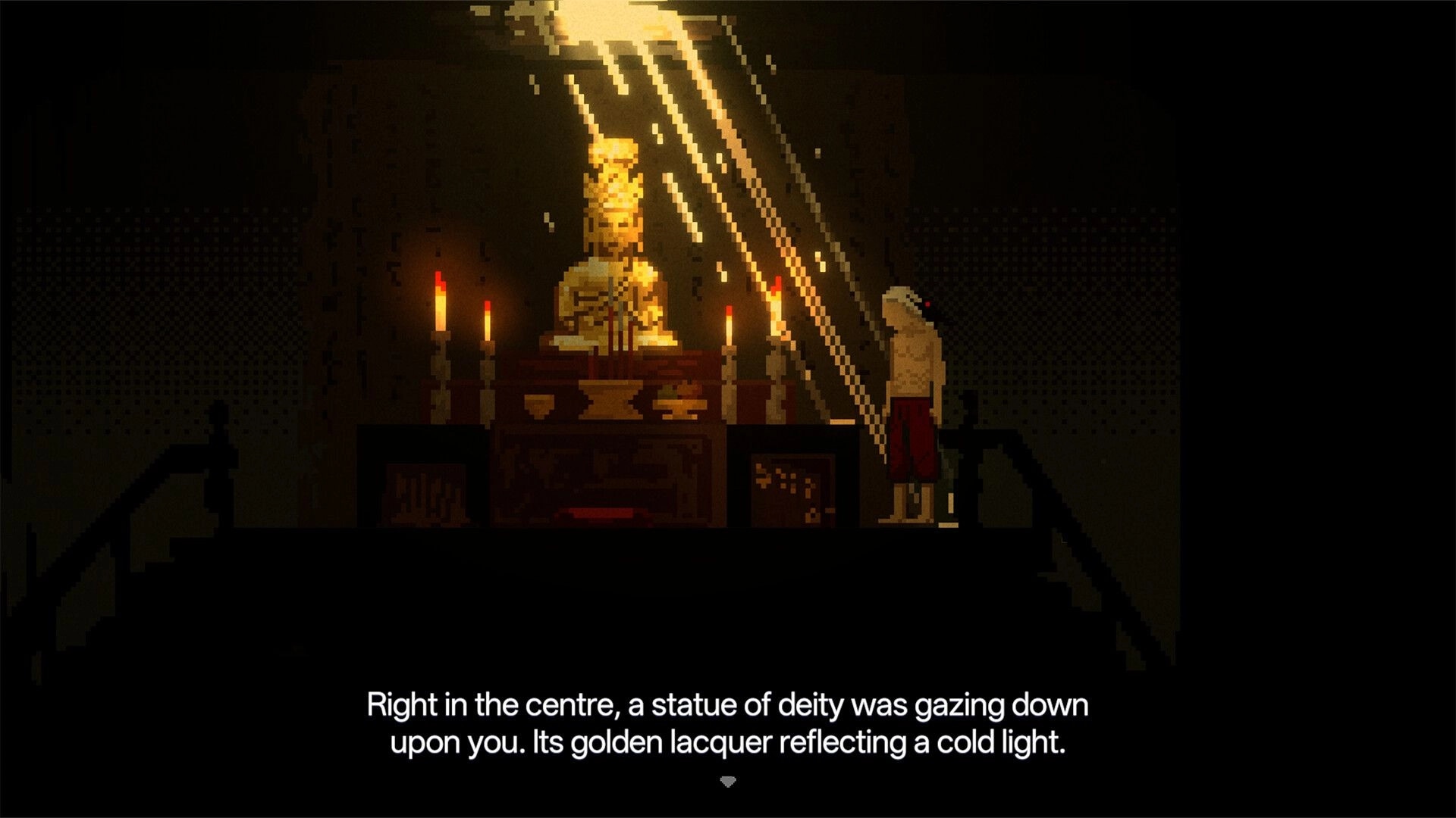 THE GUTTER: Player stands by a candlelit altar with golden deity statue in a shadowy shrine room.