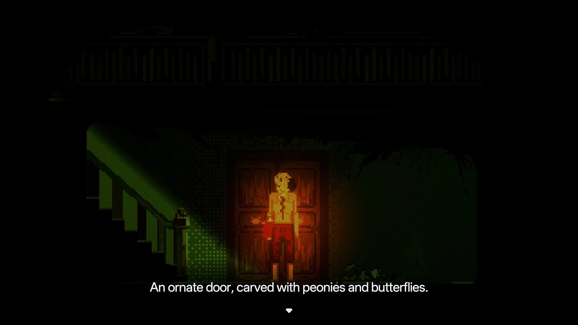 THE GUTTER: Pixel character stands before ornate door; subtitle text at bottom in dark hallway.