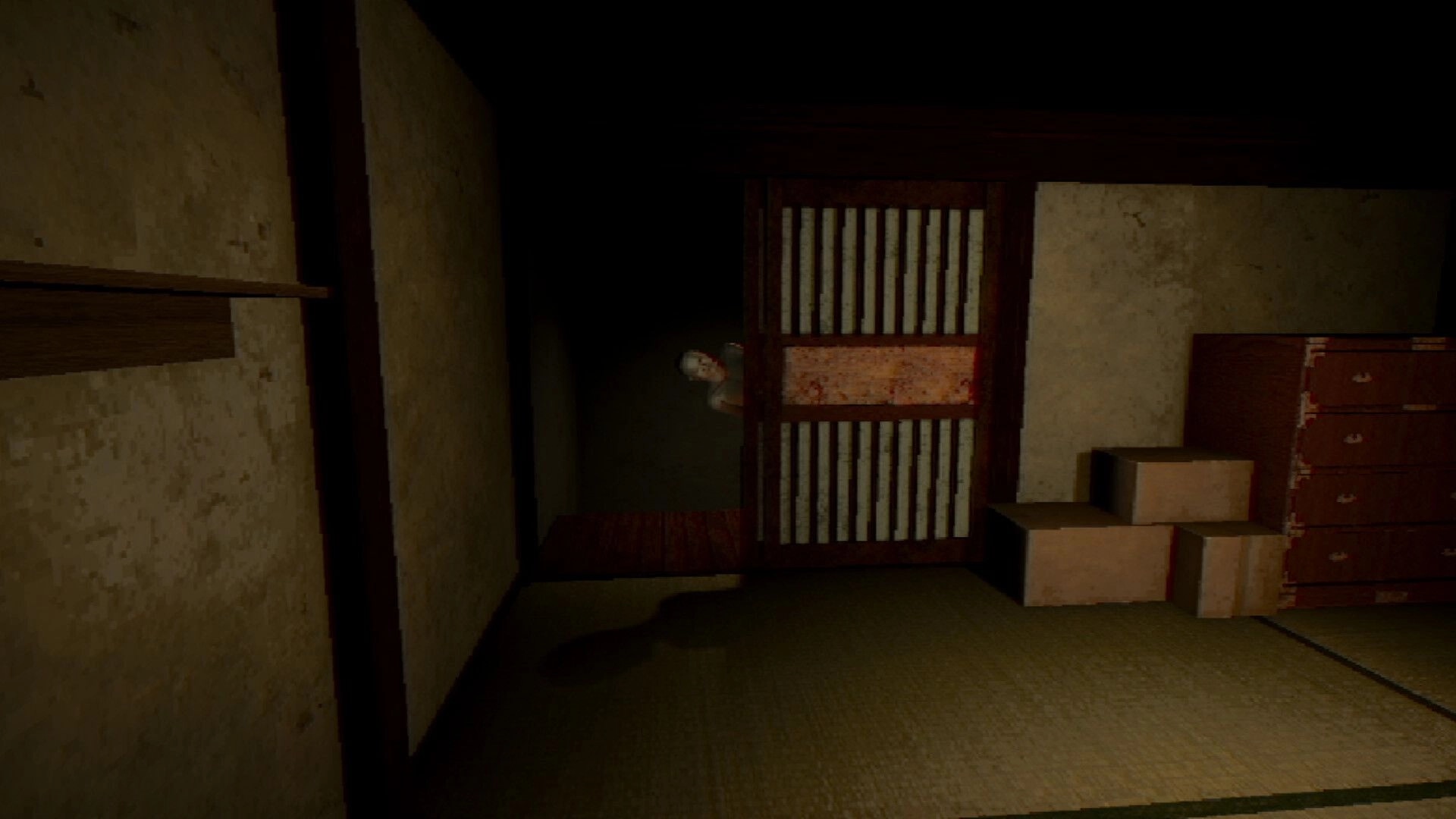 The Hambagu Shop: Creepy face peeks from behind a sliding door in a dim tatami room with boxes.
