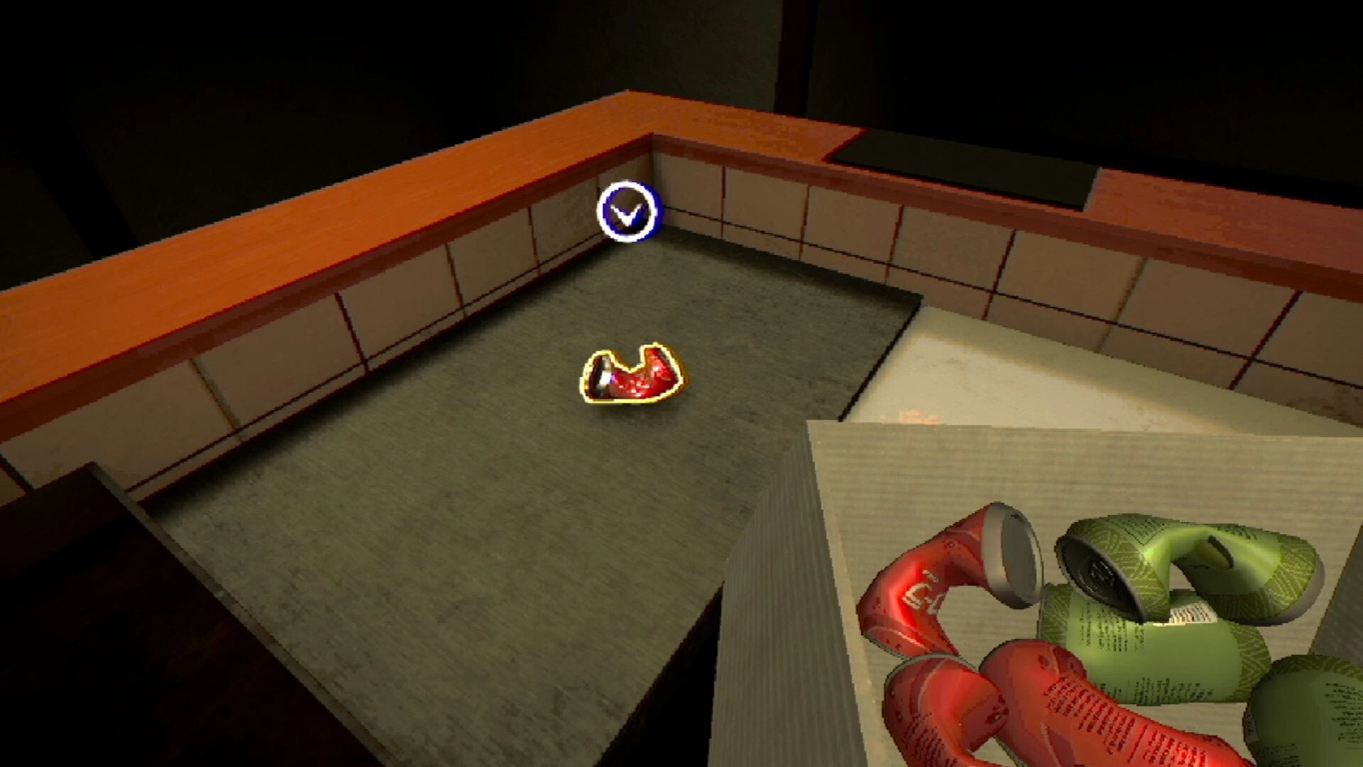 The Hambagu Shop: Checkmark prompt over dropped shoe in tiled corner by counter and shoebox pile.