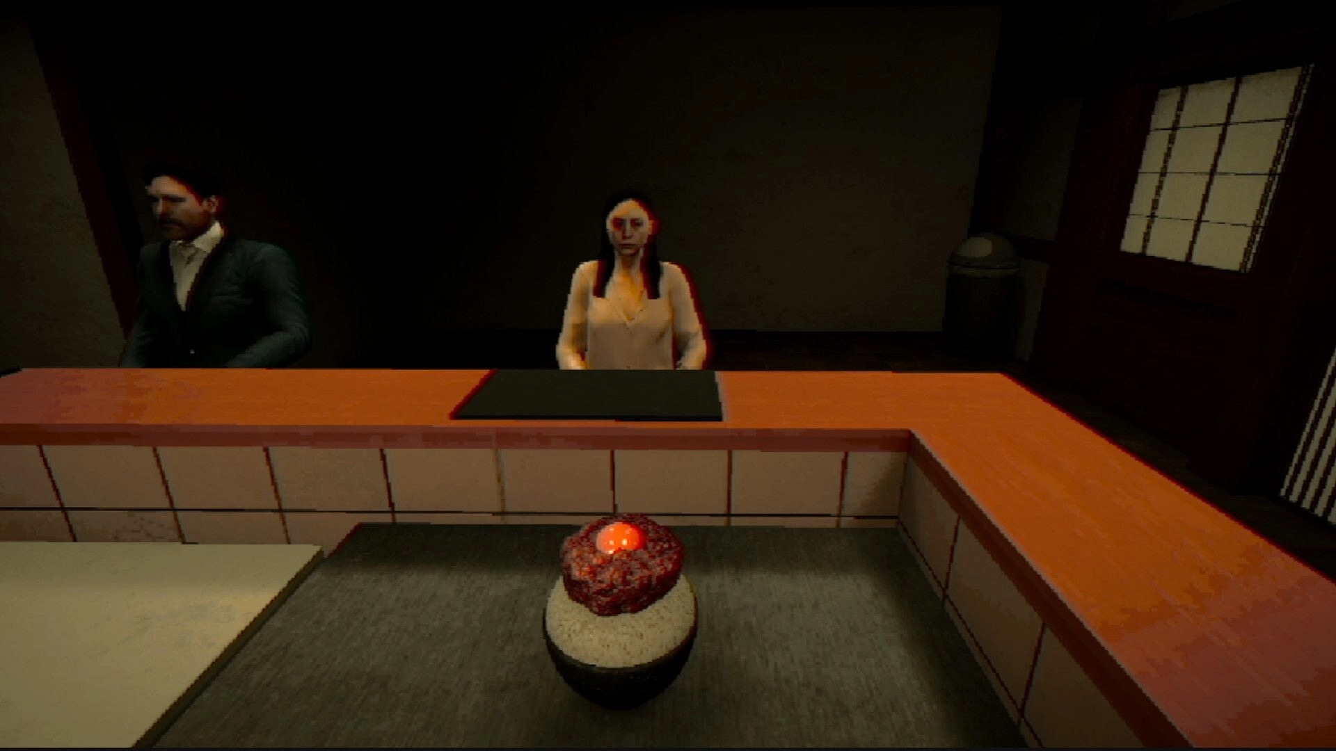The Hambagu Shop: Serving a plated hambagu to two customers at the counter in a dim shop interior.