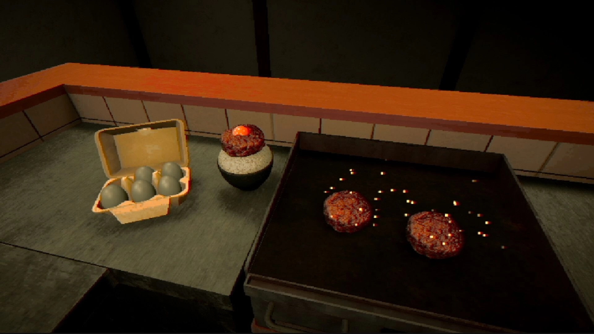 The Hambagu Shop: Two hamburg patties sizzling on grill beside eggs and rice bowl in kitchen counter.
