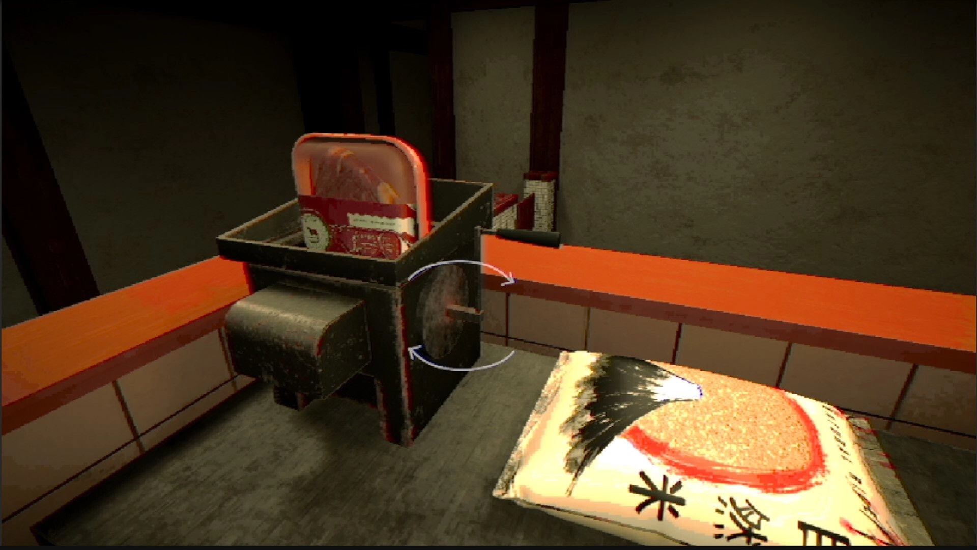 The Hambagu Shop: Rotating meat slicer with packaged beef on counter in dim back kitchen prep area.