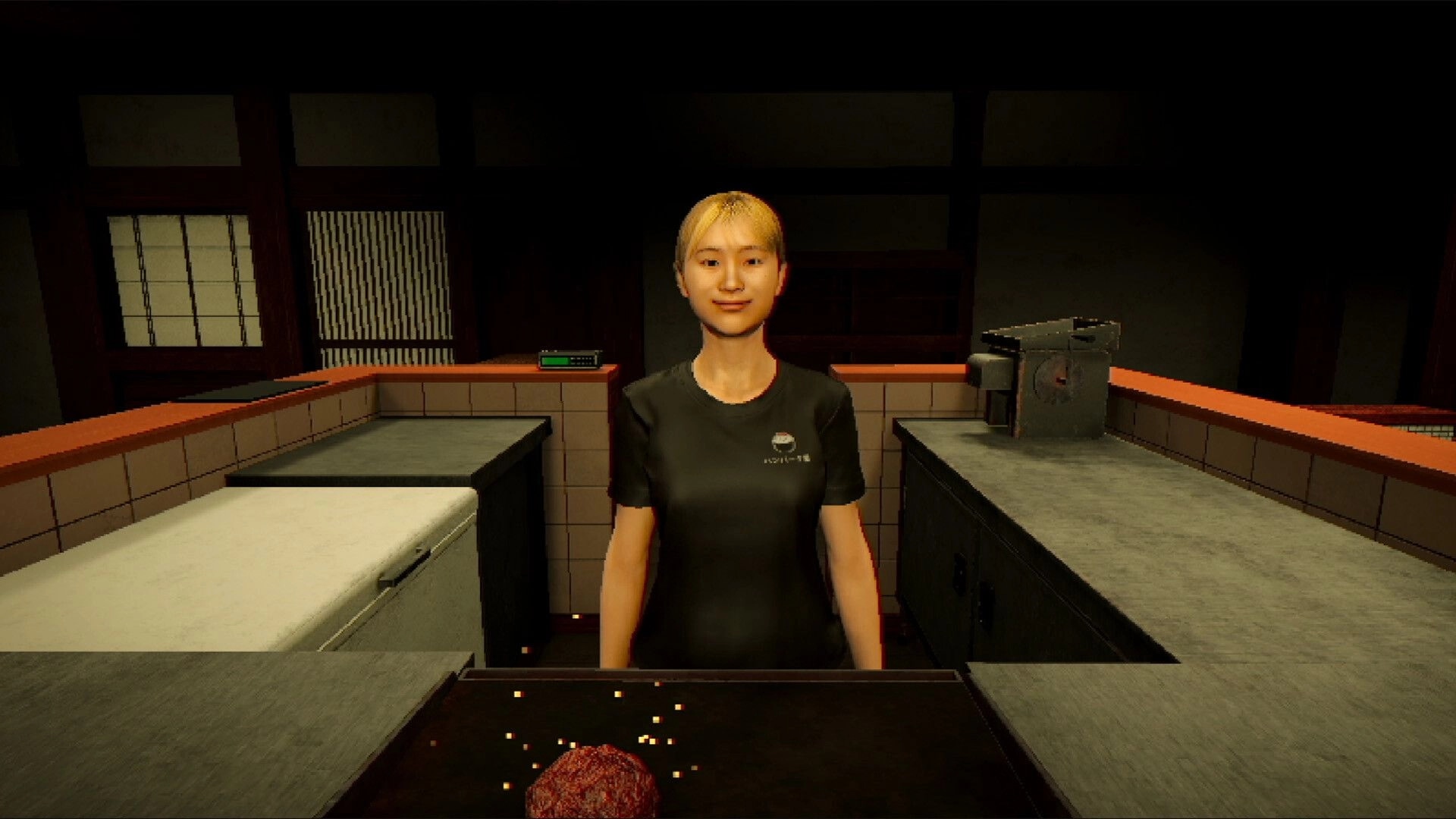 The Hambagu Shop: Smiling worker behind counter facing player in tiled kitchen with griddle and meat patty.