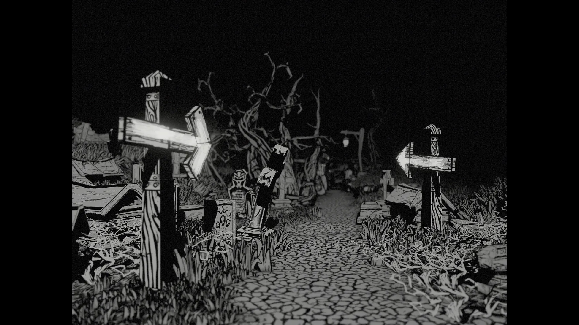 The Hilltop Funeral: Dark cemetery path with eerie wooden arrow signs amidst twisted trees