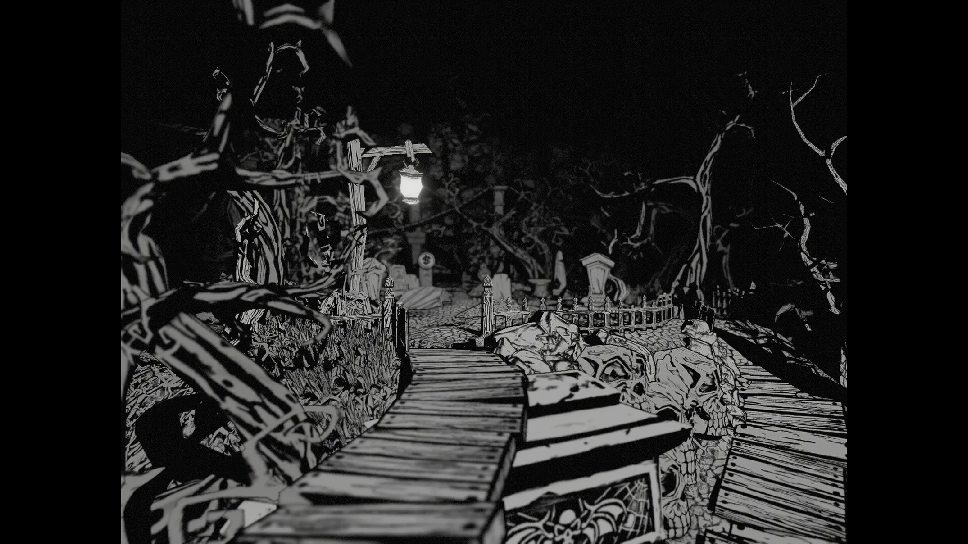 The Hilltop Funeral: Two pallbearers walk along a winding cemetery path with lanterns lighting the way.