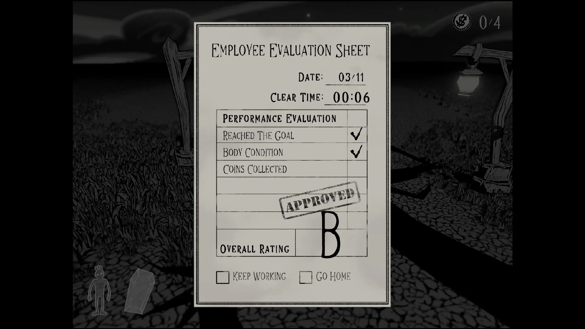 The Hilltop Funeral: Employee evaluation sheet with performance ratings in a dimly lit cemetery setting